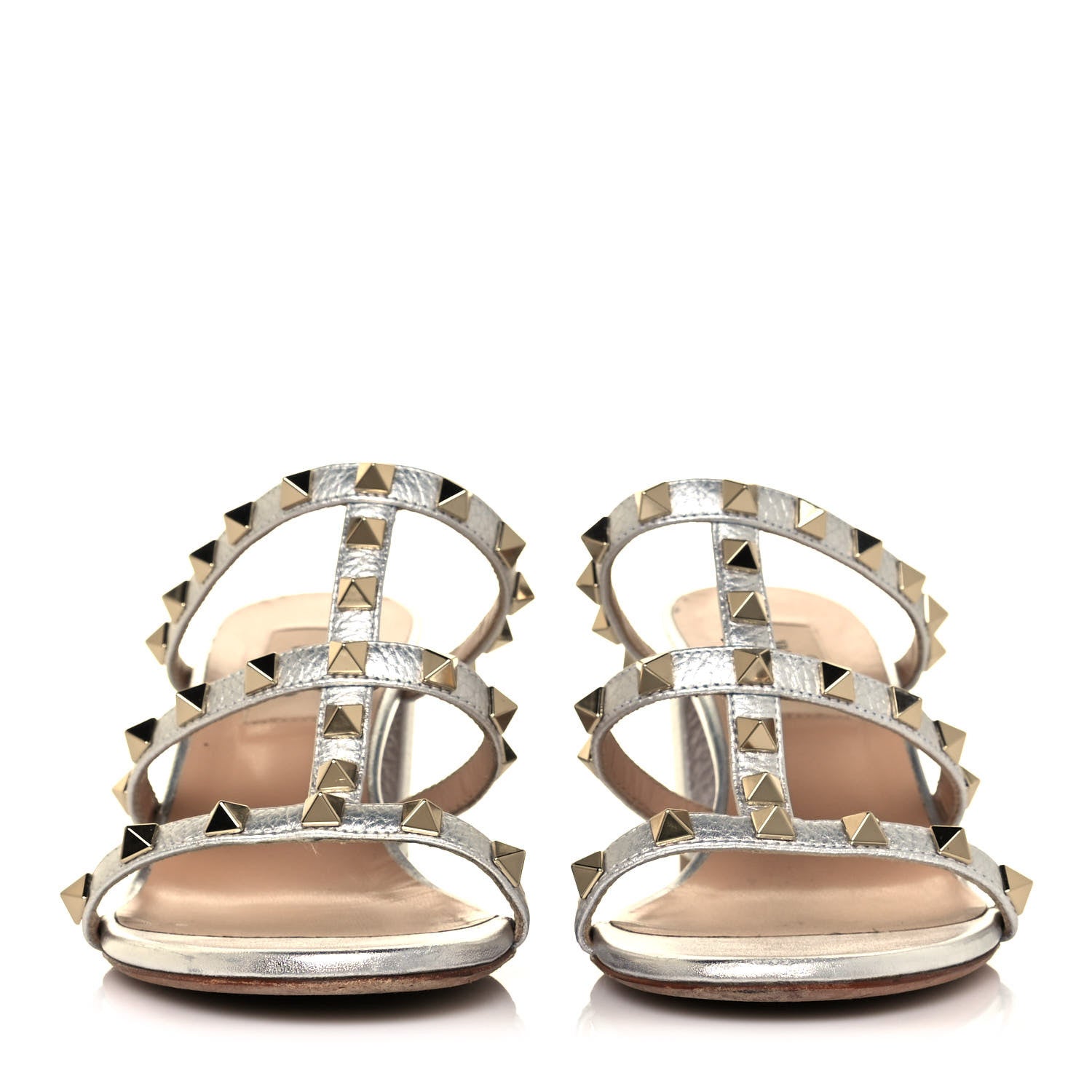Valentino Garavani Metallic Pebbled Calfskin Rockstud Caged Slide Sandals 37 Skin 2 of 9