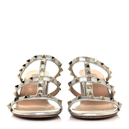 Valentino Garavani Metallic Pebbled Calfskin Rockstud Caged Slide Sandals 37 Skin 2 of 9