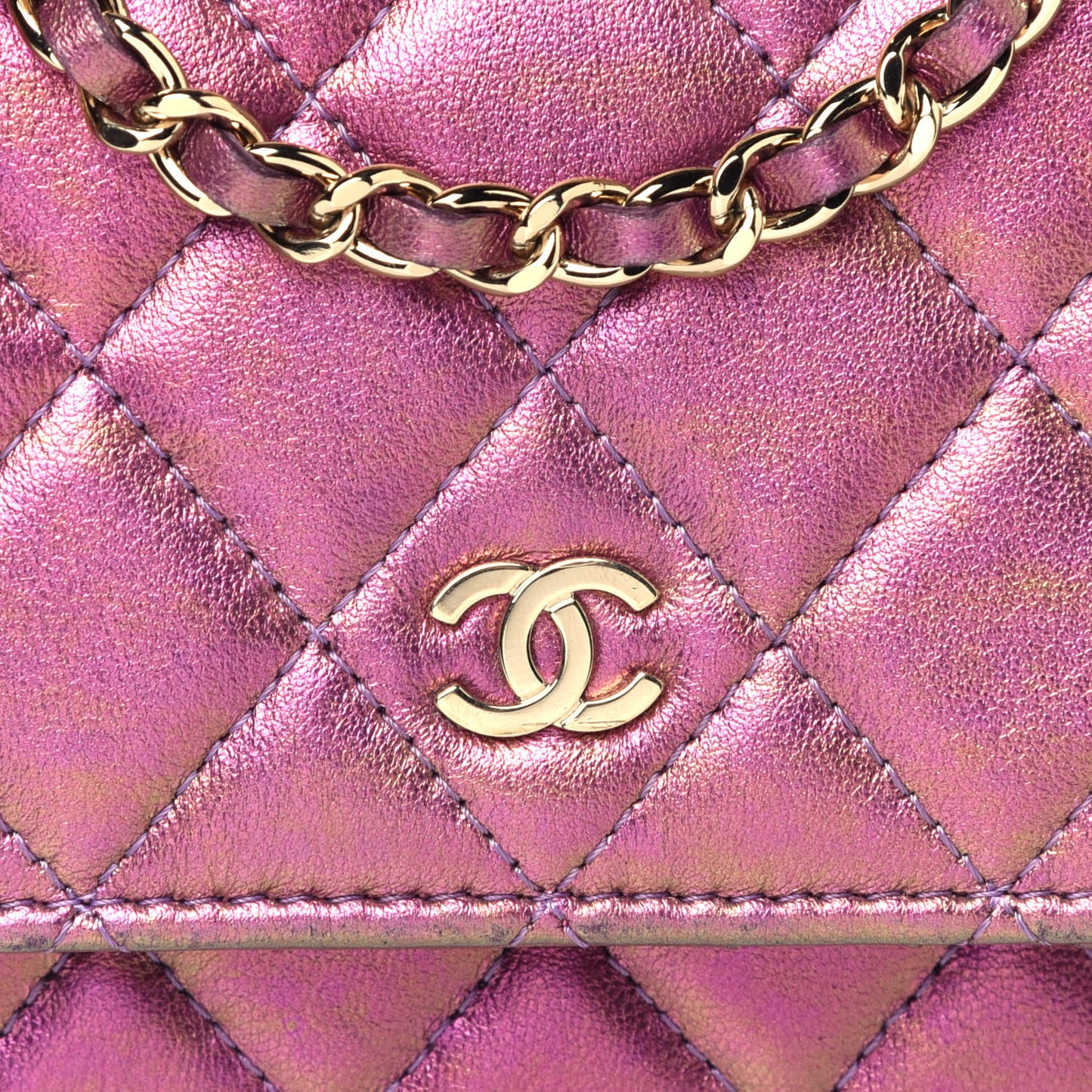 Iridescent Lambskin Quilted Mini Wallet On Chain WOC Purple