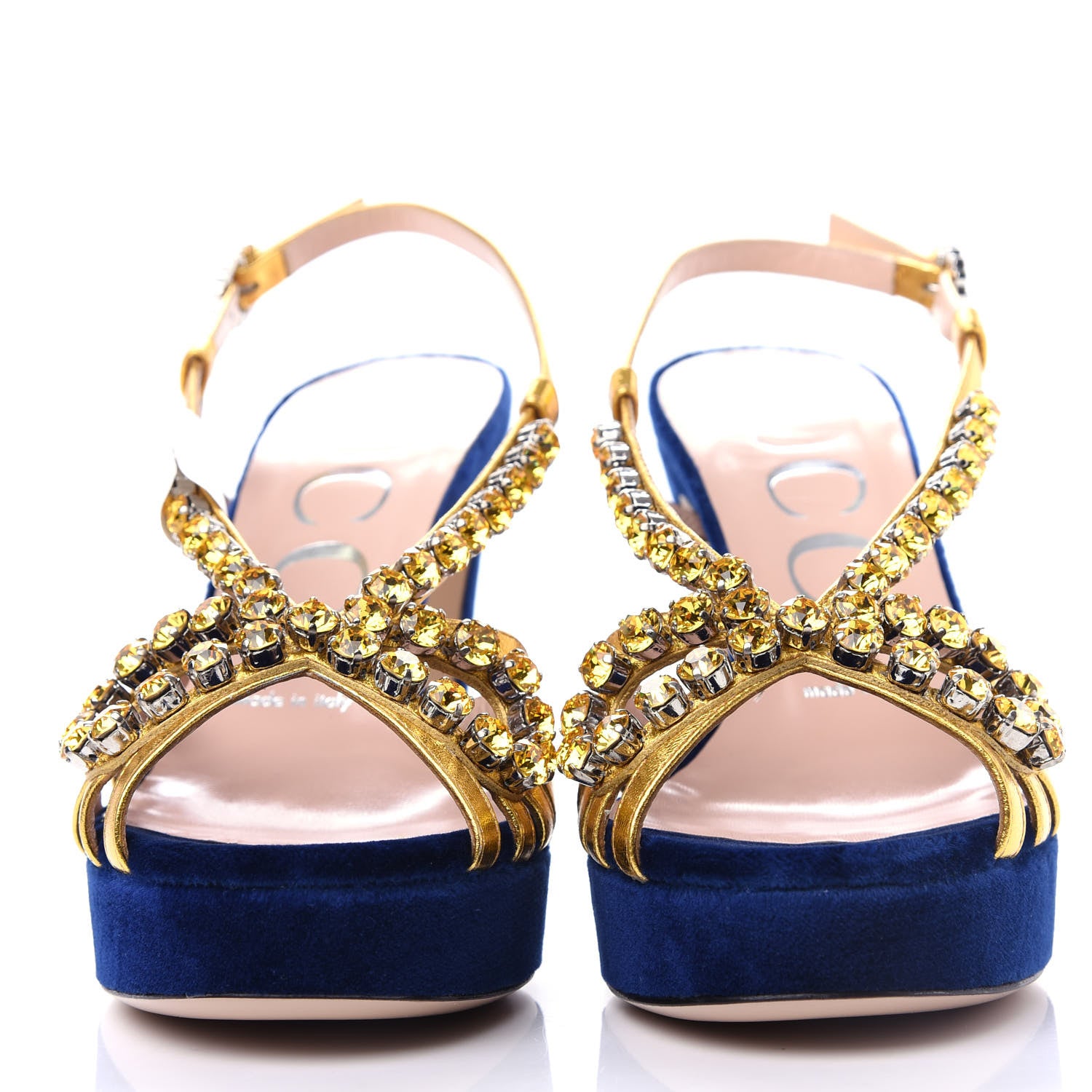Gucci Velvet Nappa Crystal Zephyra Slingback Platform High Heel Sandals 36 Blue Gold 2 of 11