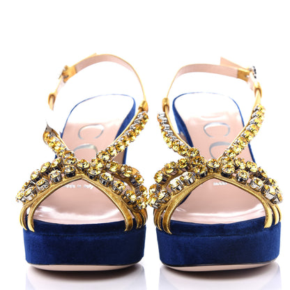 Gucci Velvet Nappa Crystal Zephyra Slingback Platform High Heel Sandals 36 Blue Gold 2 of 11