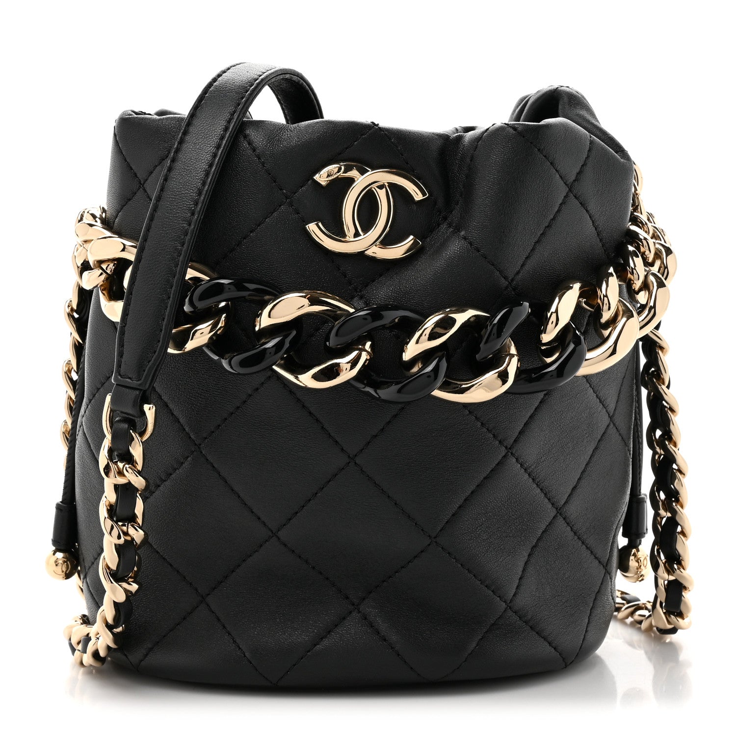 Chanel Lambskin Quilted Resin Bi-Color Chain Bucket Bag Black 1 of 10