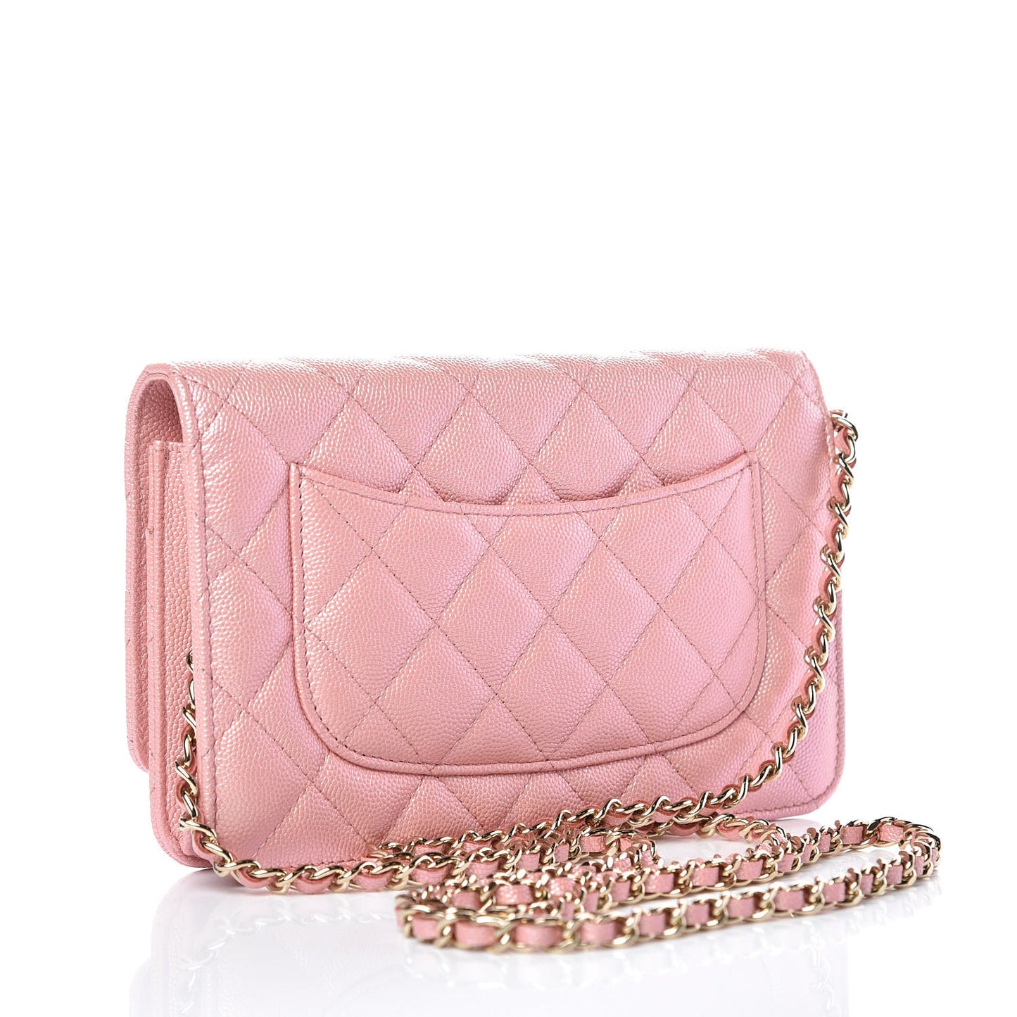 Iridescent Caviar Quilted Wallet on Chain WOC Rose Pink