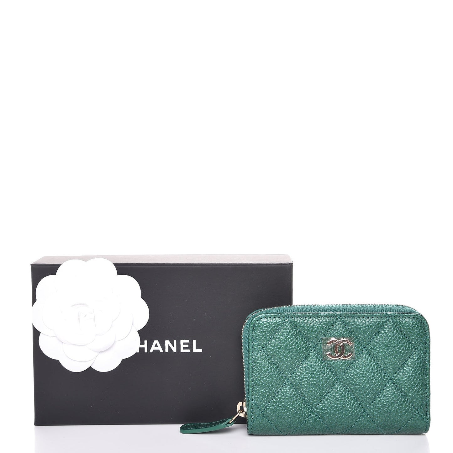 Metallic Caviar Quilted Zip Coin Purse Green