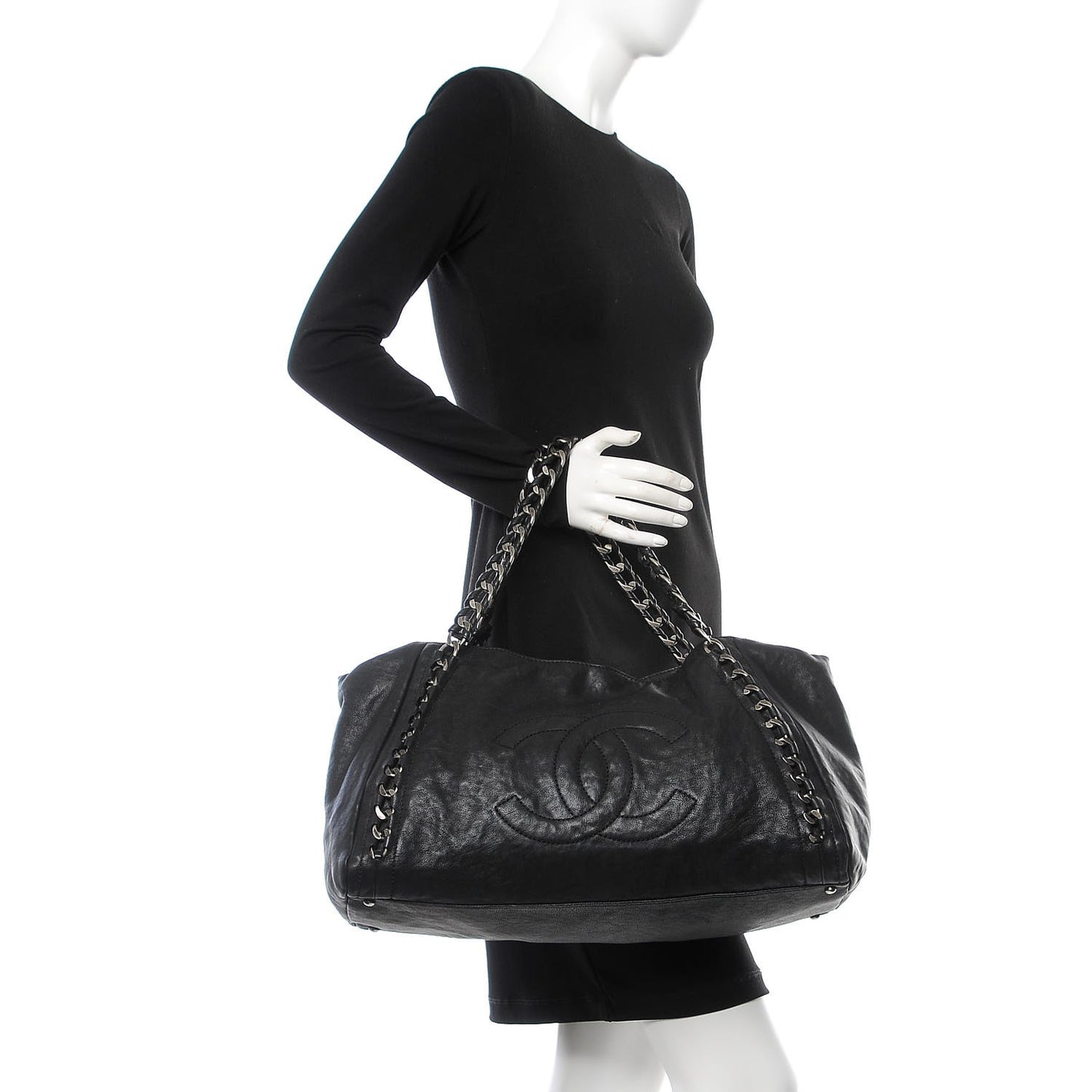 Glazed Calfskin East West Modern Chain Tote Black