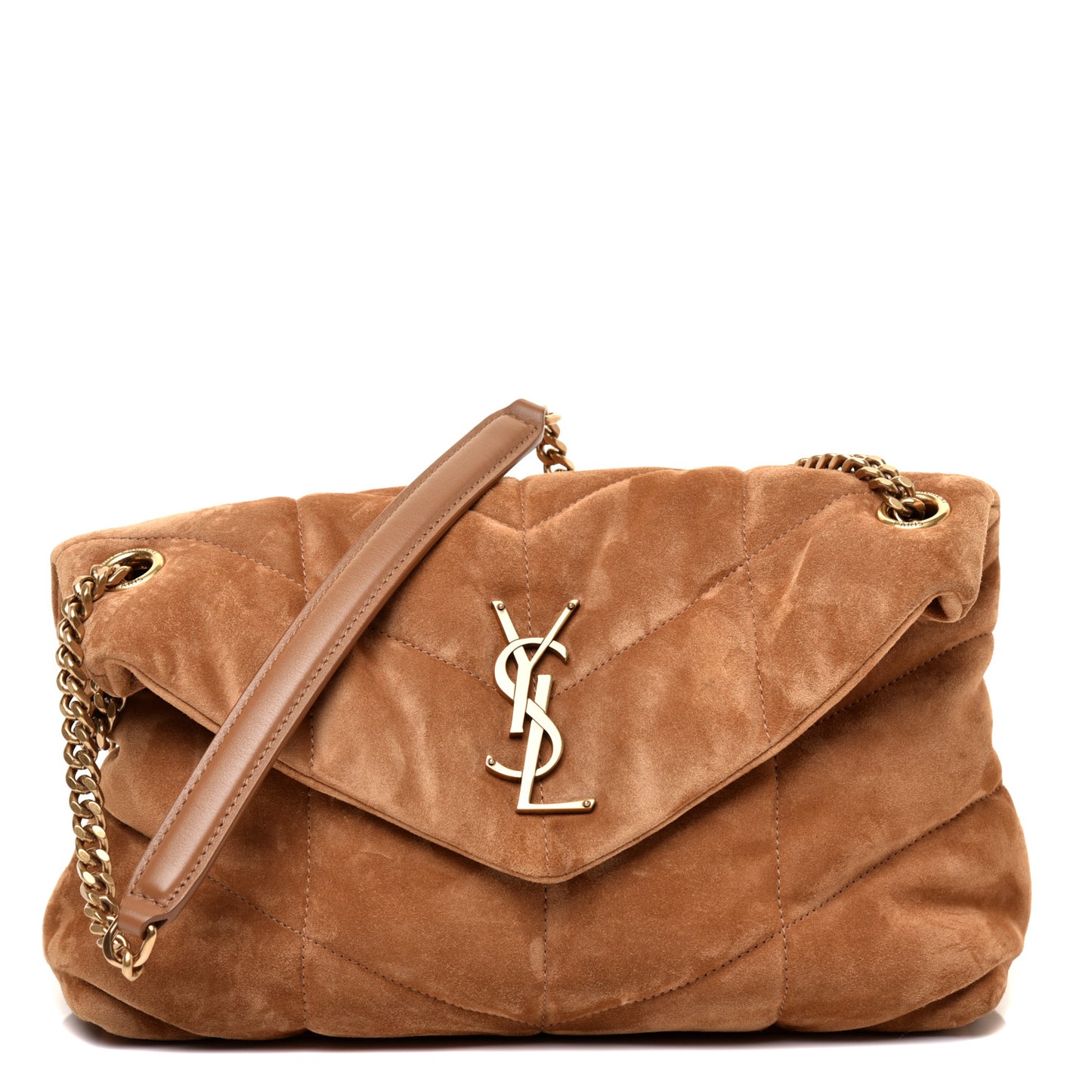 Suede Calfskin Quilted Small Loulou Puffer Monogram Chain Satchel Cinnamon