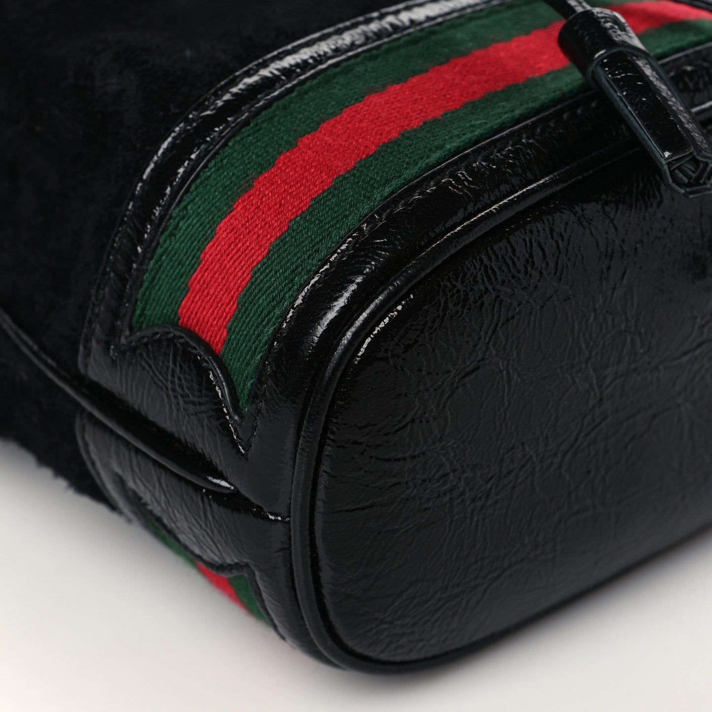 Suede Patent Web Mini Ophidia Bucket Bag Black