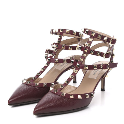 Valentino Garavani Pebbled Calfskin Rockstud Ankle Strap Low Heel Pumps 36 Rubin 3 of 9