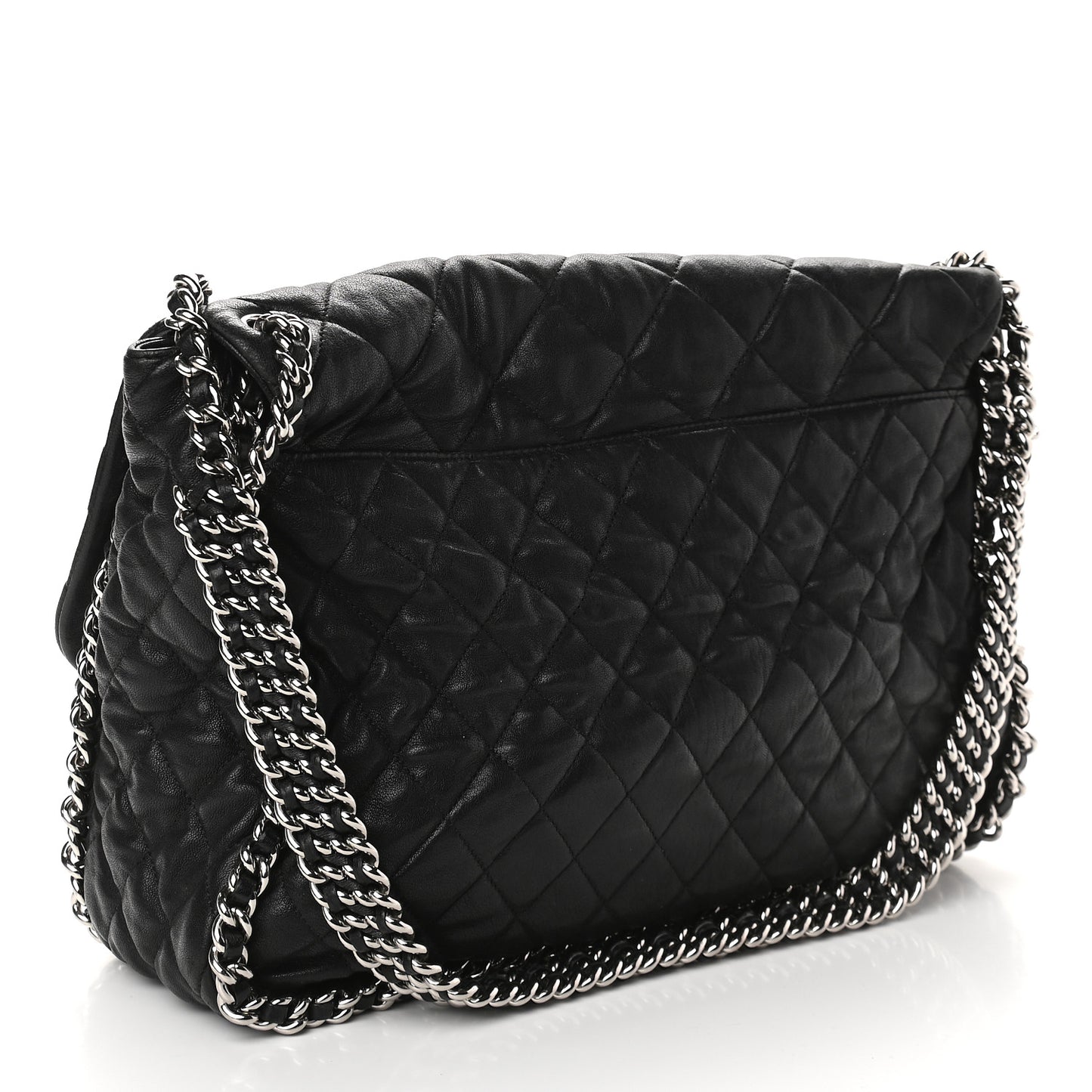 Washed Lambskin Quilted Maxi Chain Around Flap Black