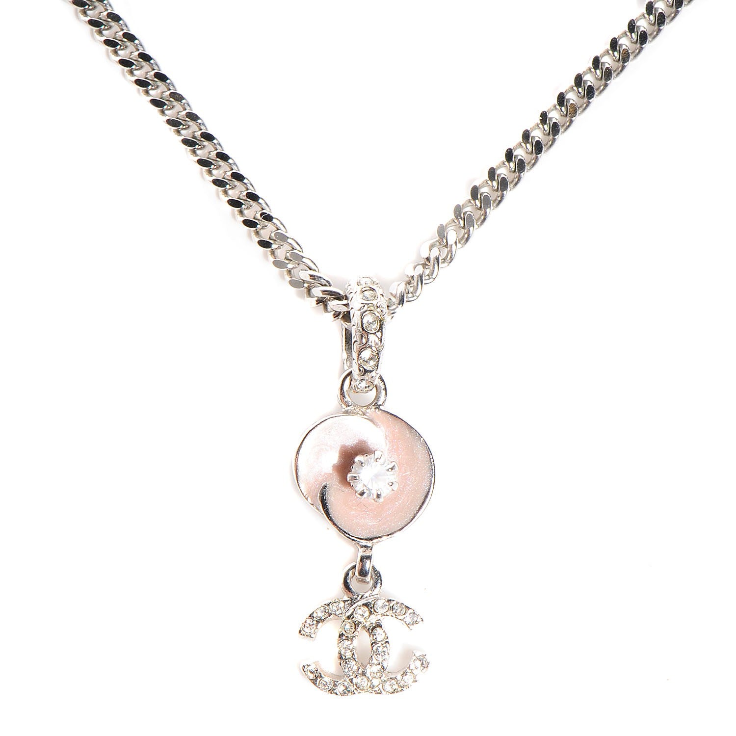 Chanel Crystal CC Camellia Flower Necklace Pink Silver 1 of 4