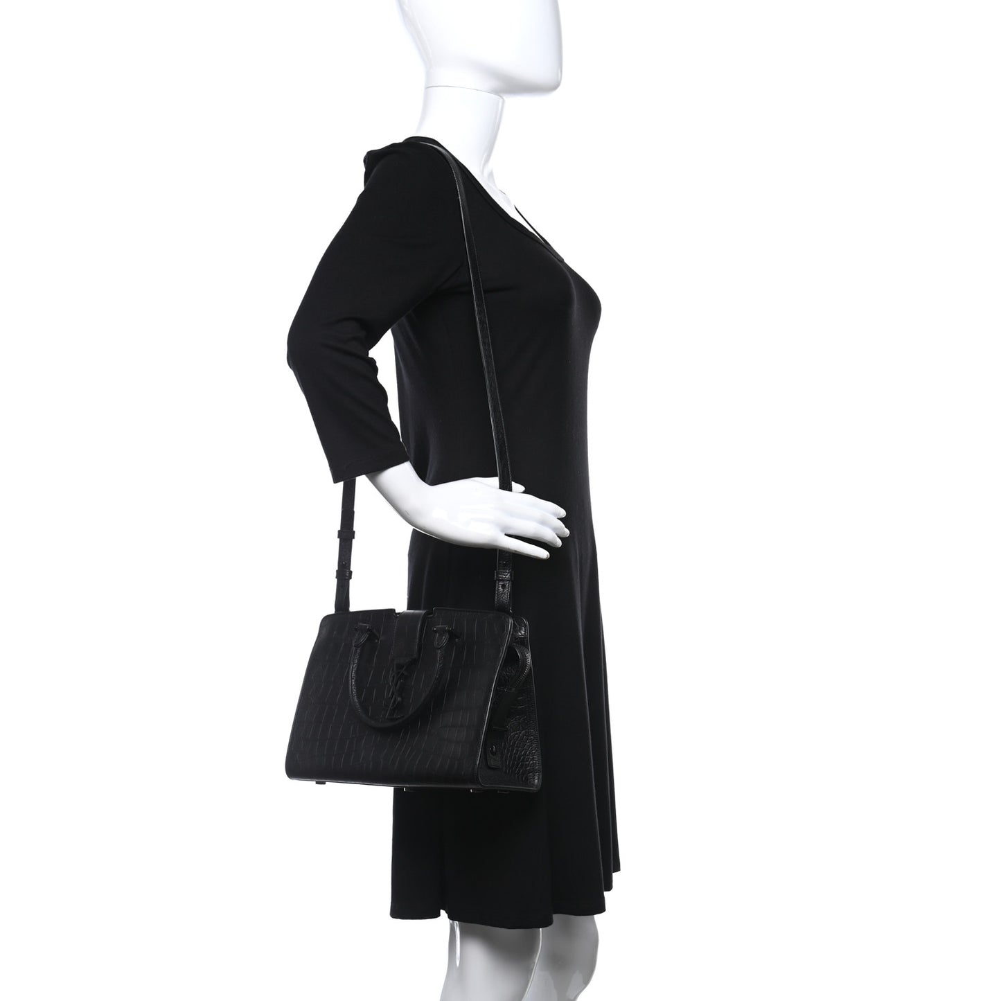 Calfskin Crocodile Embossed Monogram Baby Cabas Black