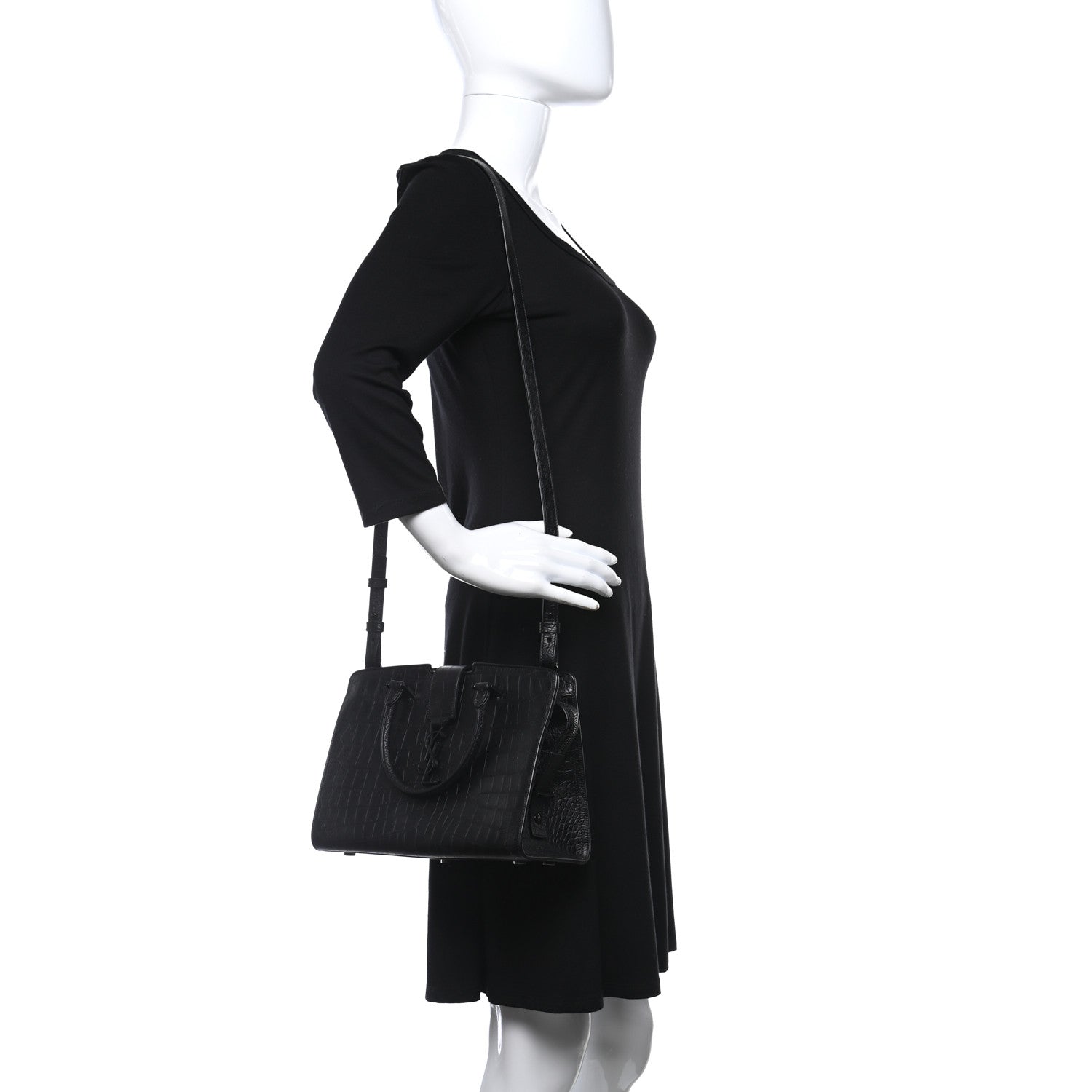 Saint Laurent Calfskin Crocodile Embossed Monogram Baby Cabas Black 2 of 11