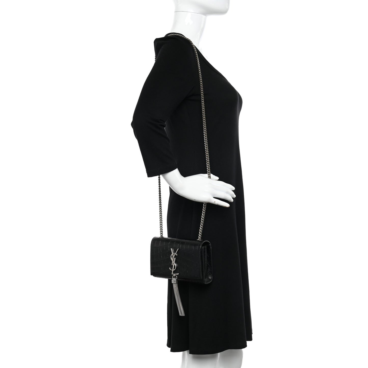 Calfskin Crocodile Embossed Small Classic Monogram Kate Tassel Satchel Black