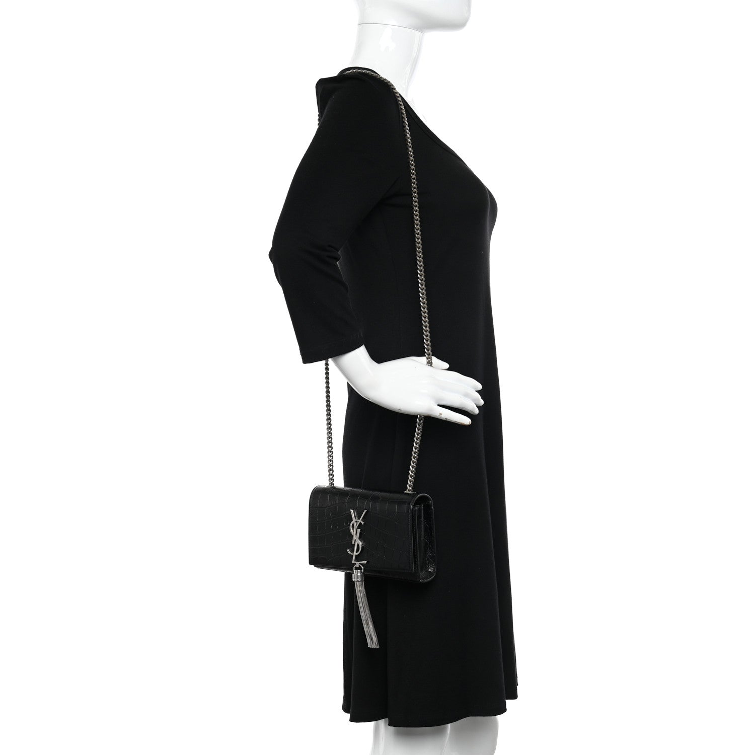 Saint Laurent Calfskin Crocodile Embossed Small Classic Monogram Kate Tassel Satchel Black 2 of 14