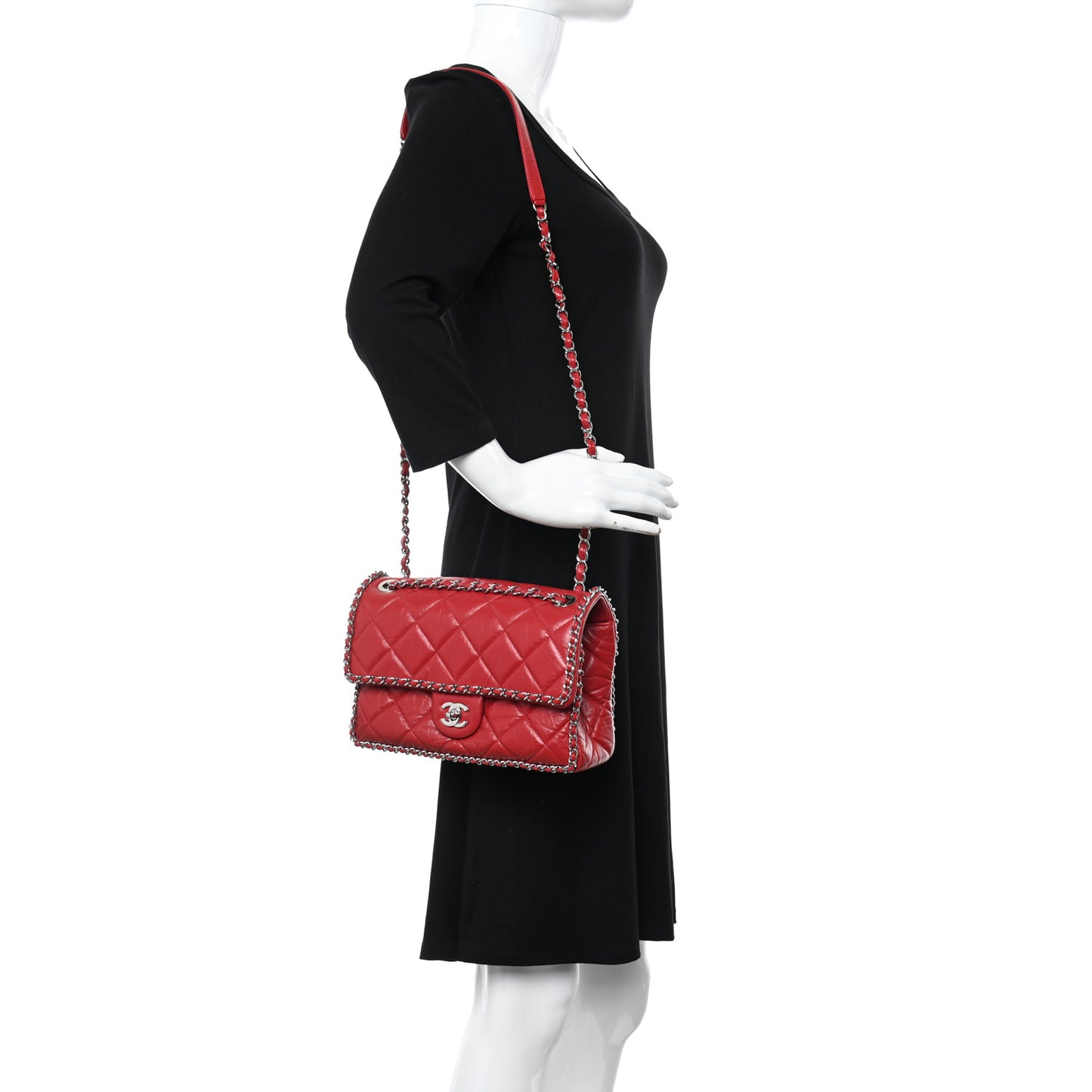 Crumpled Calfskin Medium Chain All Over Flap Red