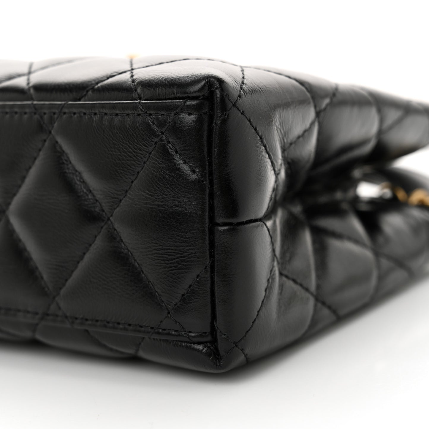 Shiny Aged Calfskin Quilted Nano Kelly Shopper Black