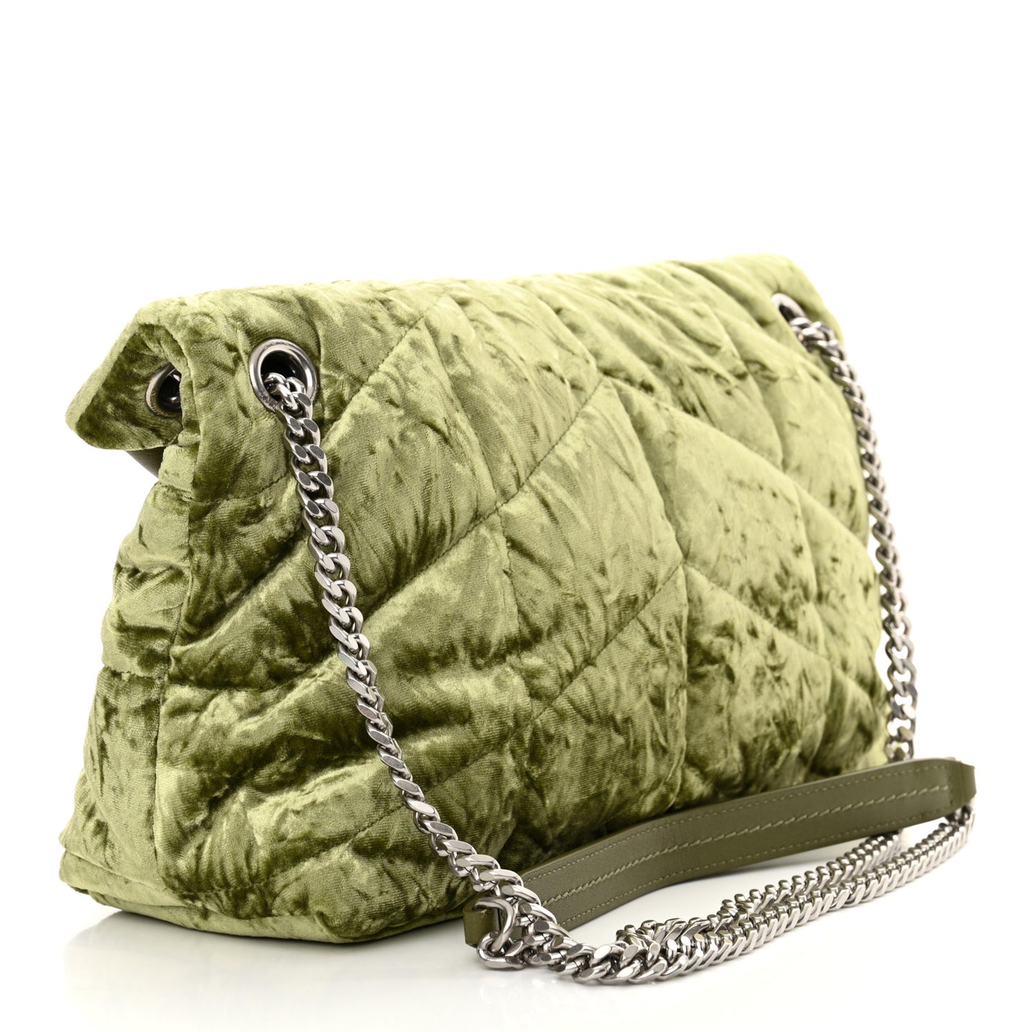 Crushed Velvet Quilted Small Loulou Puffer Monogram Chain Satchel Green