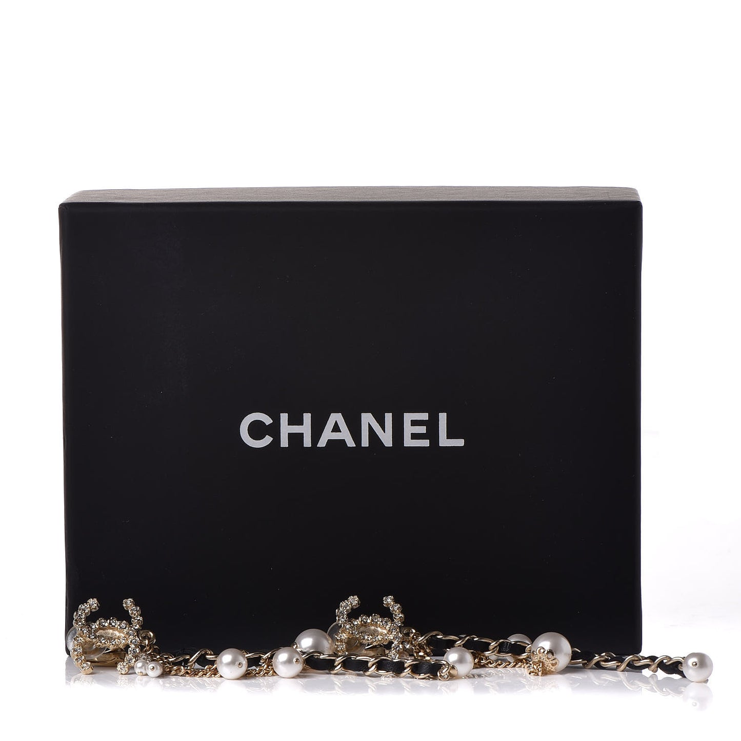 Pearl Crystal Lambskin Chain CC Dangle Clip On Earrings Gold