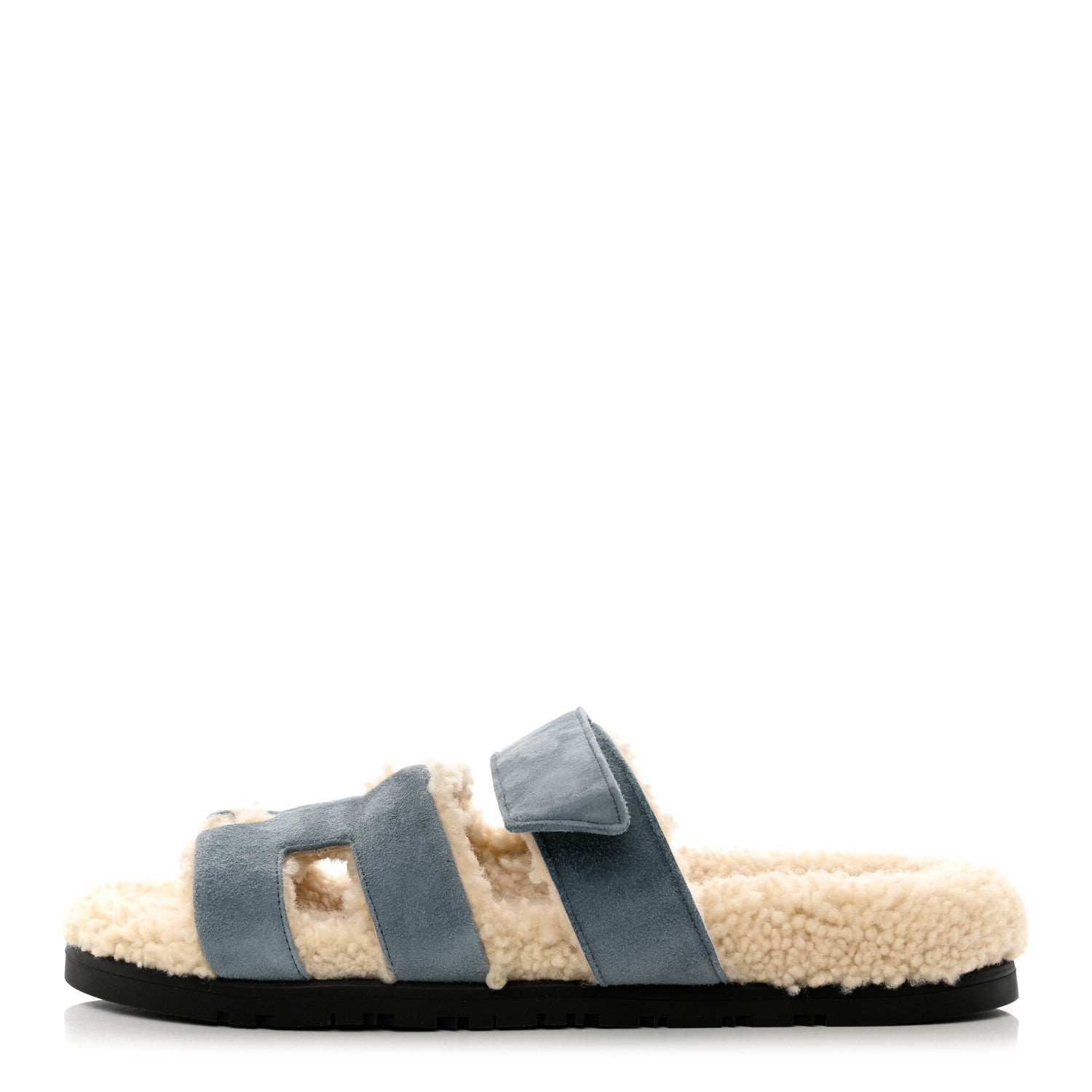 Hermes Suede Goatskin Woolskin Womens Chypre Sandals 38 Bleu Pinede Ecru 1 of 11