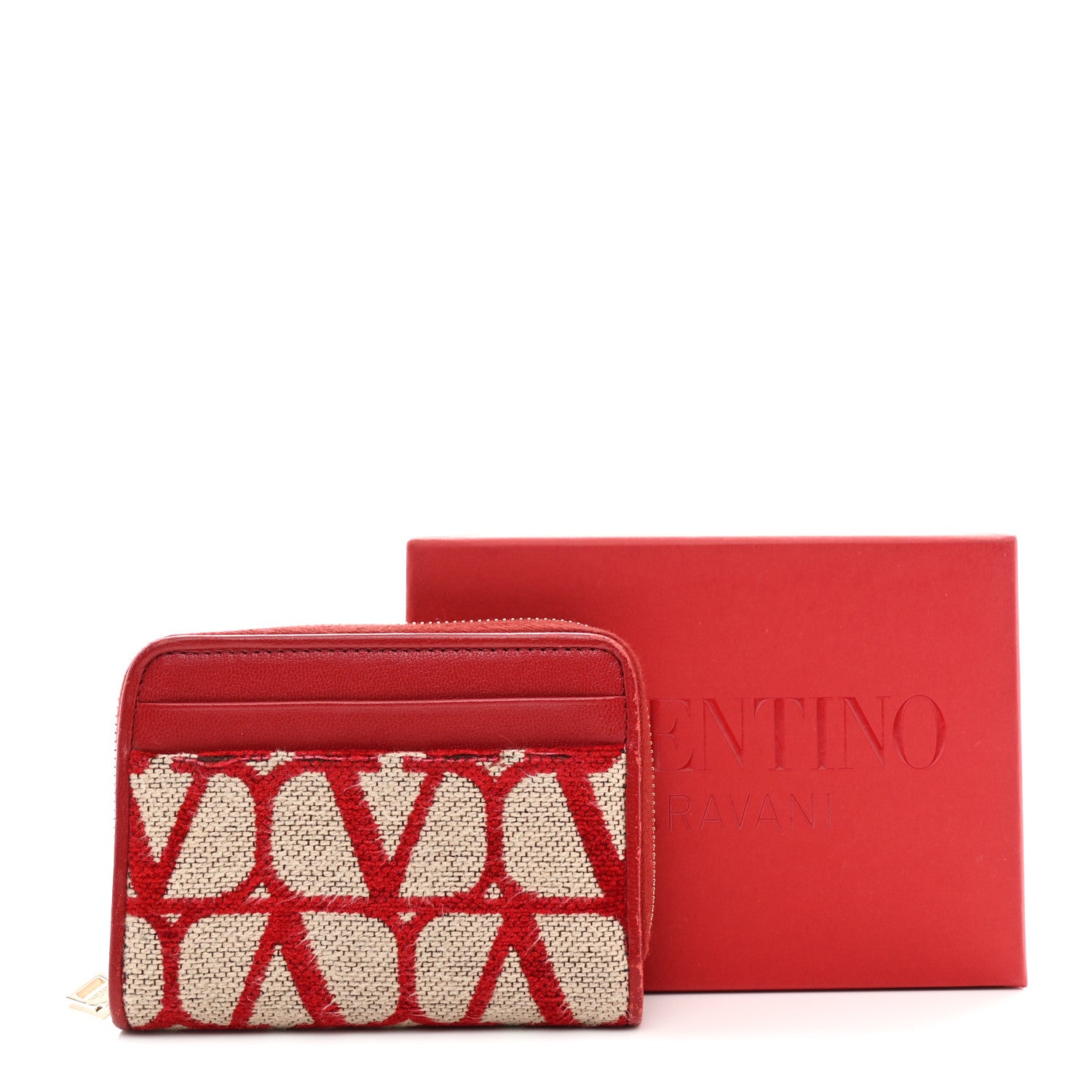 Valentino Garavani Toile Iconographe Zip Wallet Naturale Rosso