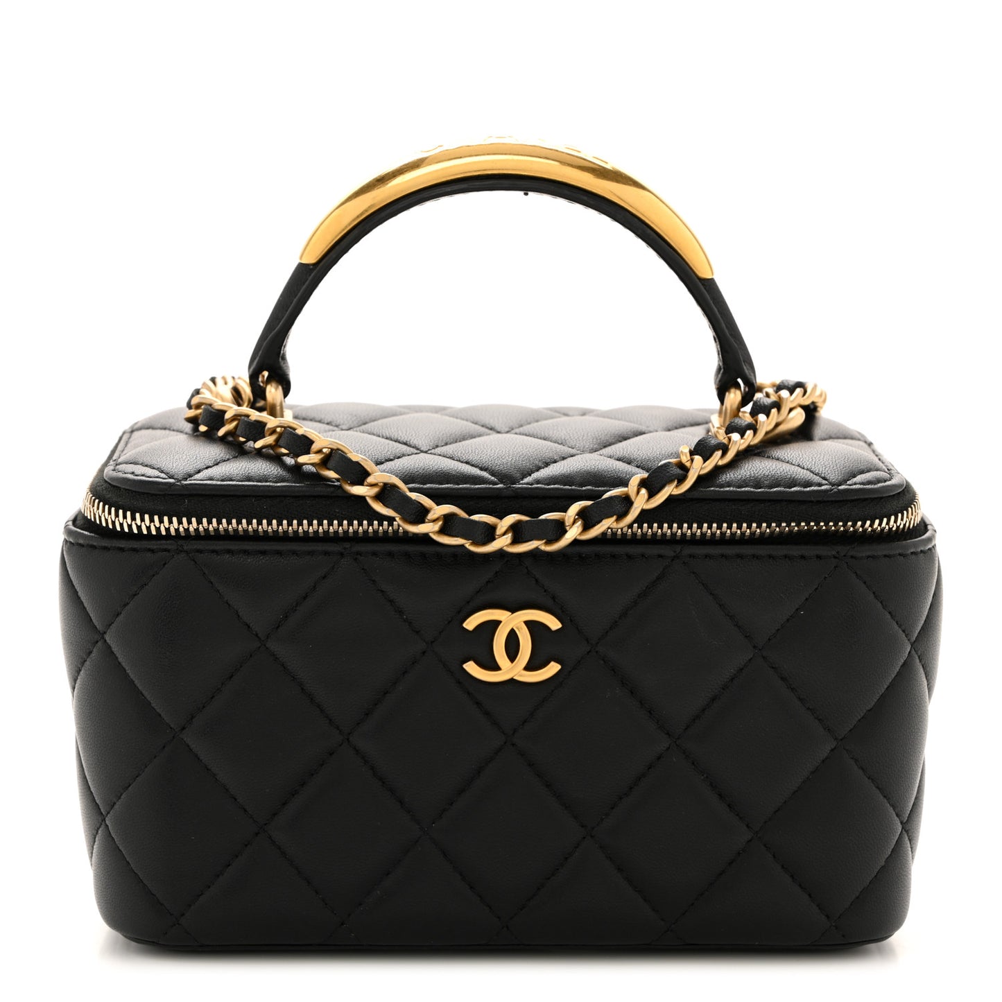 Lambskin Quilted Metal Small Top Handle Vanity Case With Chain Black