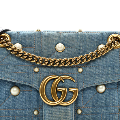 Gucci Denim Matelasse Pearl Studded Small GG Marmont Shoulder Bag Blue 8 of 10