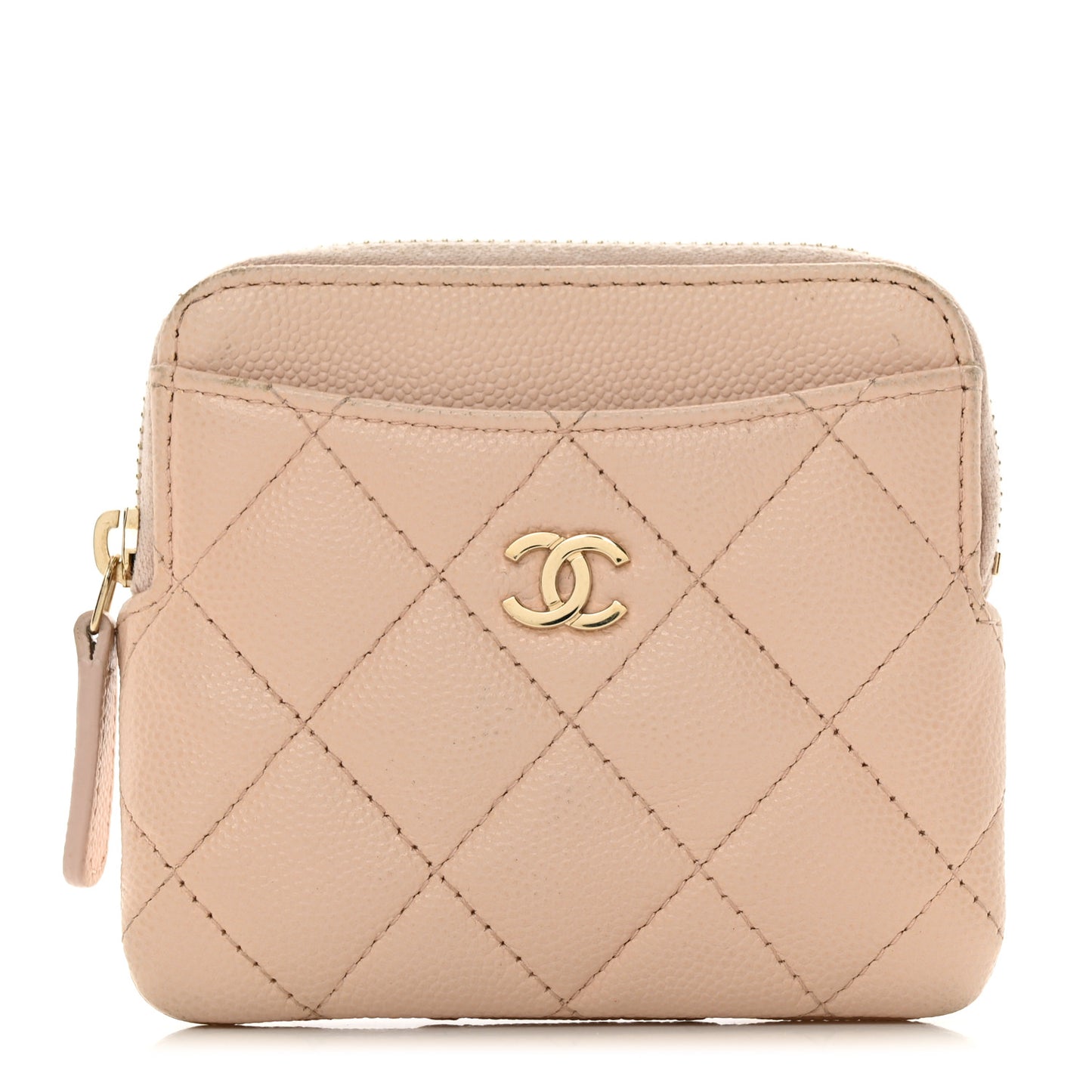 Caviar Quilted Zip Card Holder Wallet Light Beige