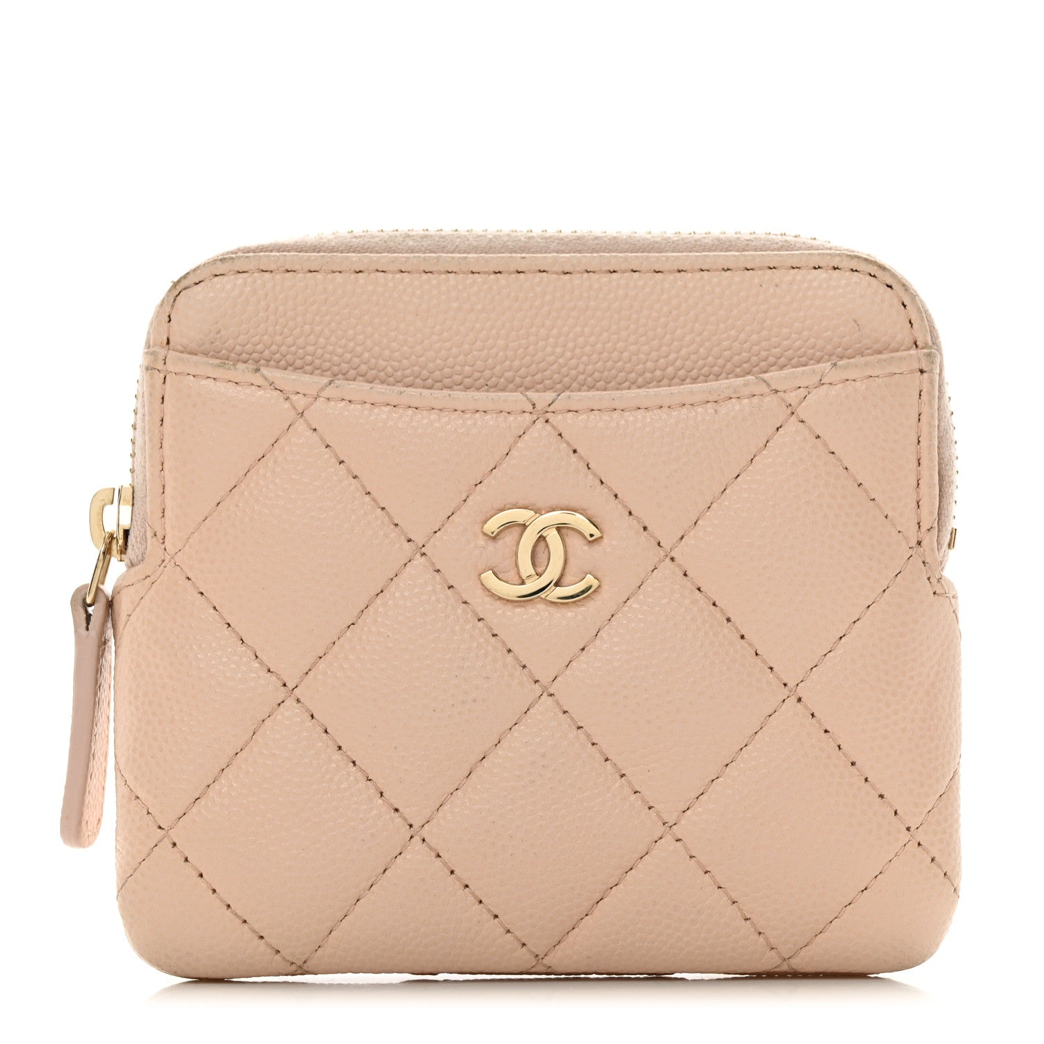 Chanel Caviar Quilted Zip Card Holder Wallet Light Beige 1 of 8