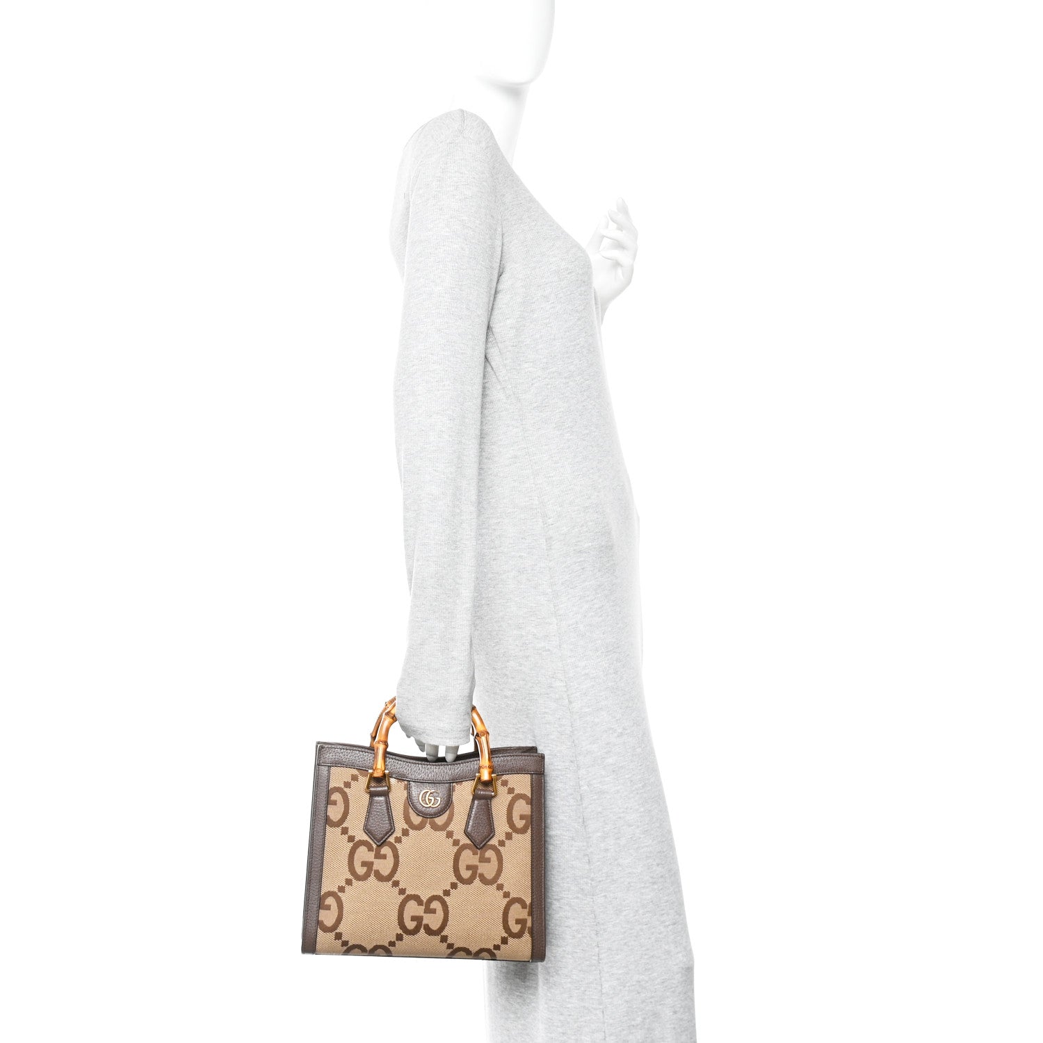 Gucci Monogram Jumbo GG Textured Dollar Calfskin Small Diana Tote Bag Camel Ebony New Acero 2 of 11