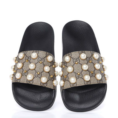 Gucci GG Supreme Monogram Pearls Slide Sandals 37 Beige 5 of 8