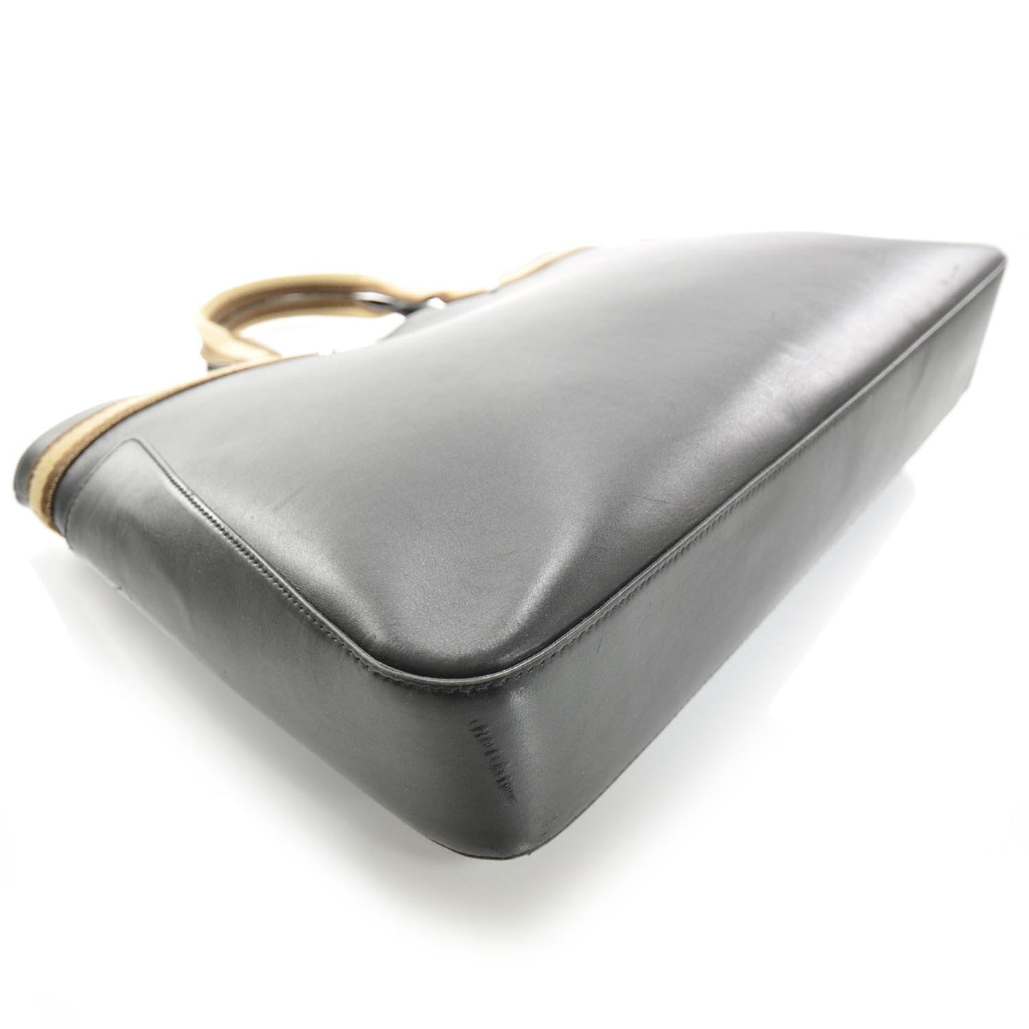 Smooth Leather Web Handles Tote Black