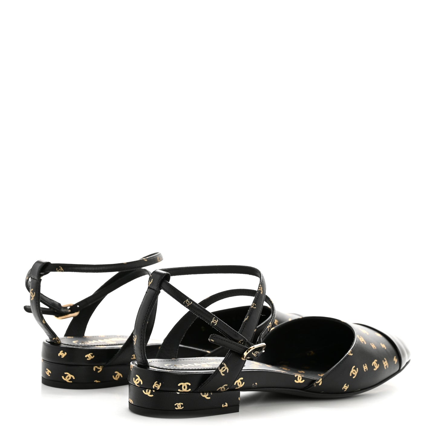 Printed Lambskin Patent Calfskin Cap Toe CC Slingbacks 36.5 Black Gold