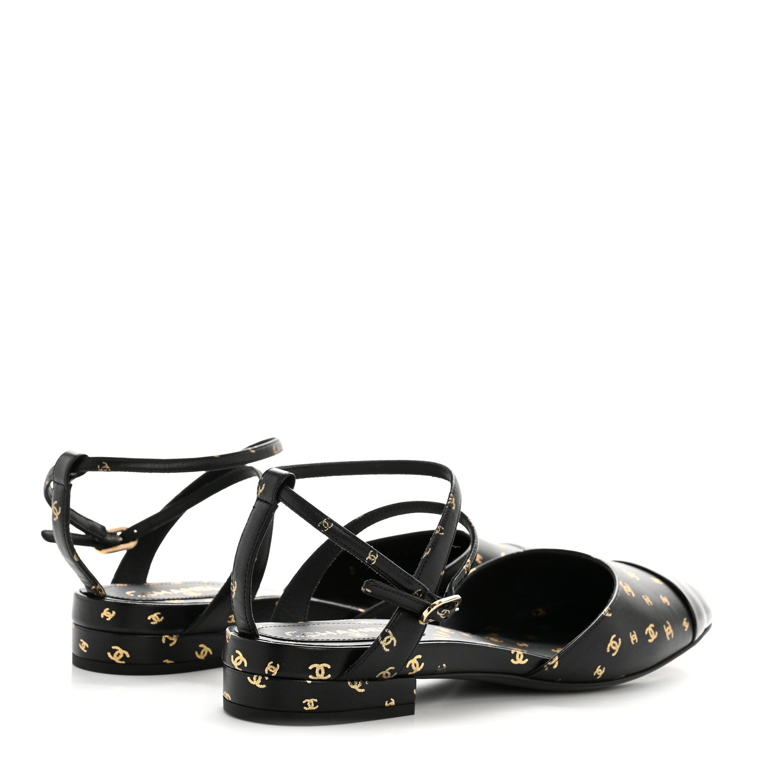 Chanel Printed Lambskin Patent Calfskin Cap Toe CC Slingbacks 36.5 Black Gold 5 of 10