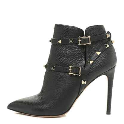 Valentino Garavani Pebbled Calfskin Rockstud Double Buckle 100mm Ankle Boots 37 Black 1 of 12