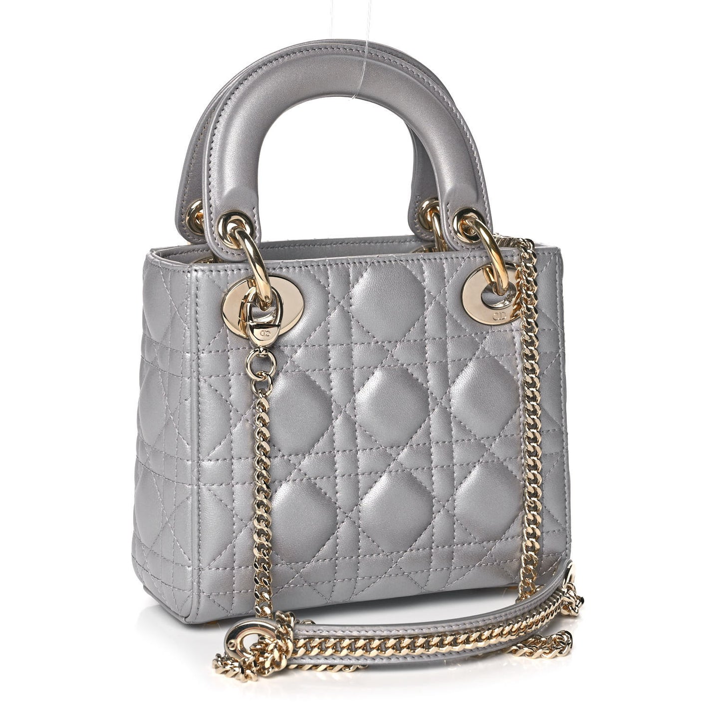Metallic Lambskin Cannage Mini Lady Dior Grey