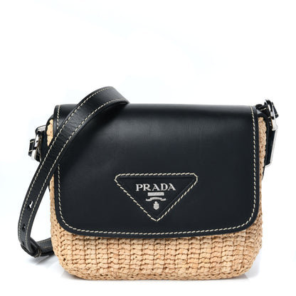 Prada Raffia Vitello Flap Shoulder Bag Naturale Black 1 of 12