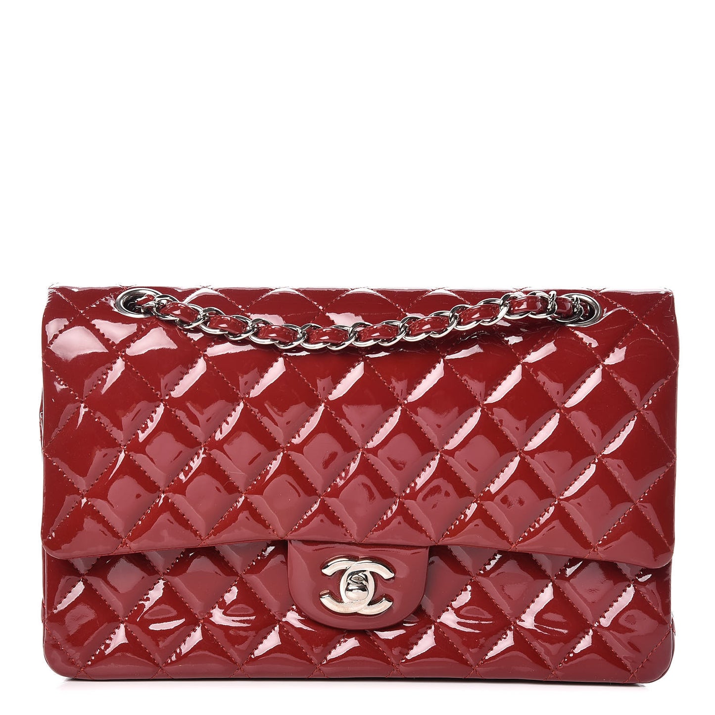 Patent Calfskin Quilted Medium Double Flap Dark Red