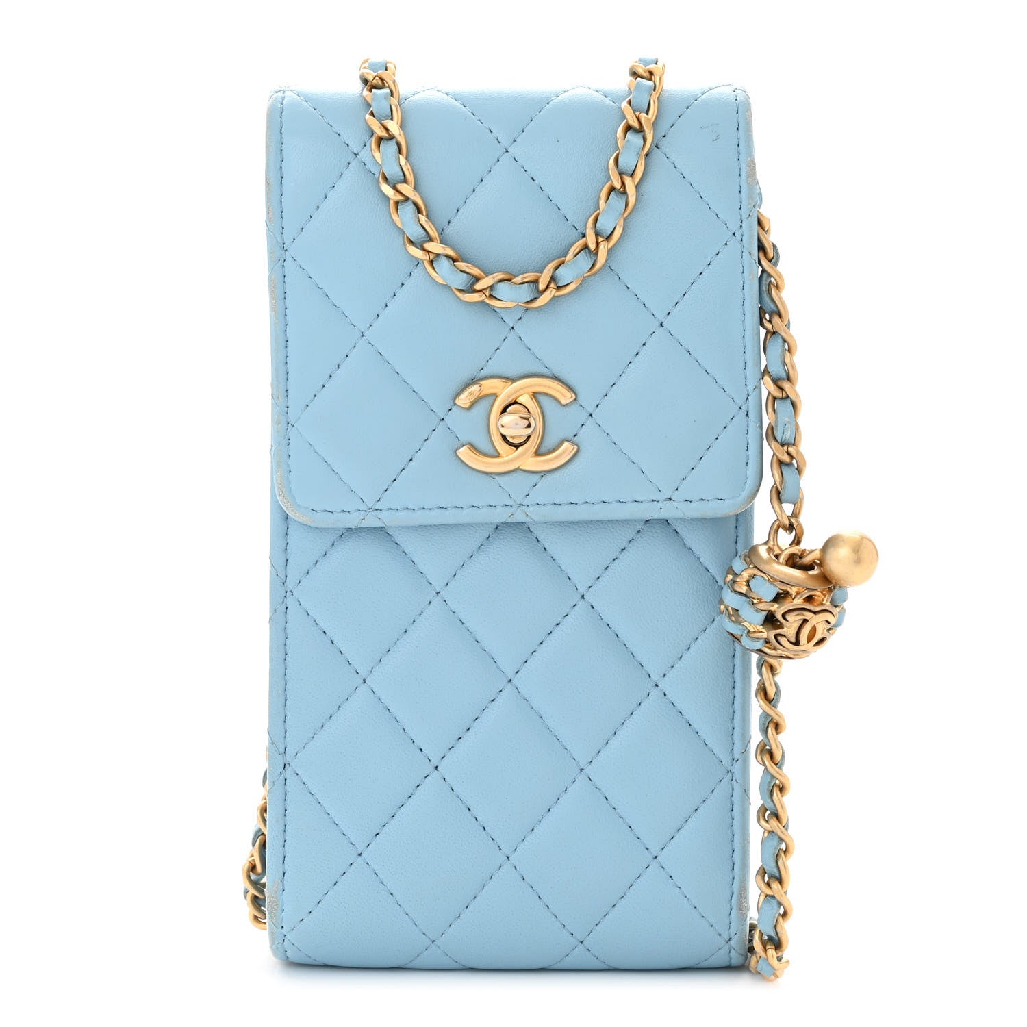 Chanel Lambskin Quilted Pearl Crush Phone Holder With Chain Light Blue 1 of 14
