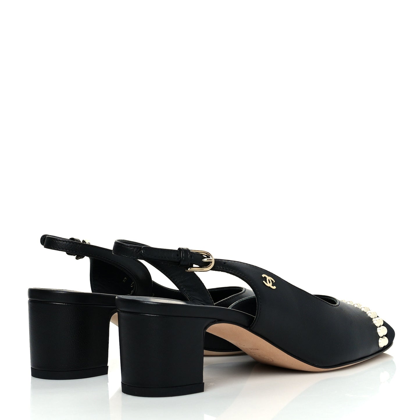Lambskin Grosgrain Pearl Cap Toe CC Slingback Pumps 35.5 Black