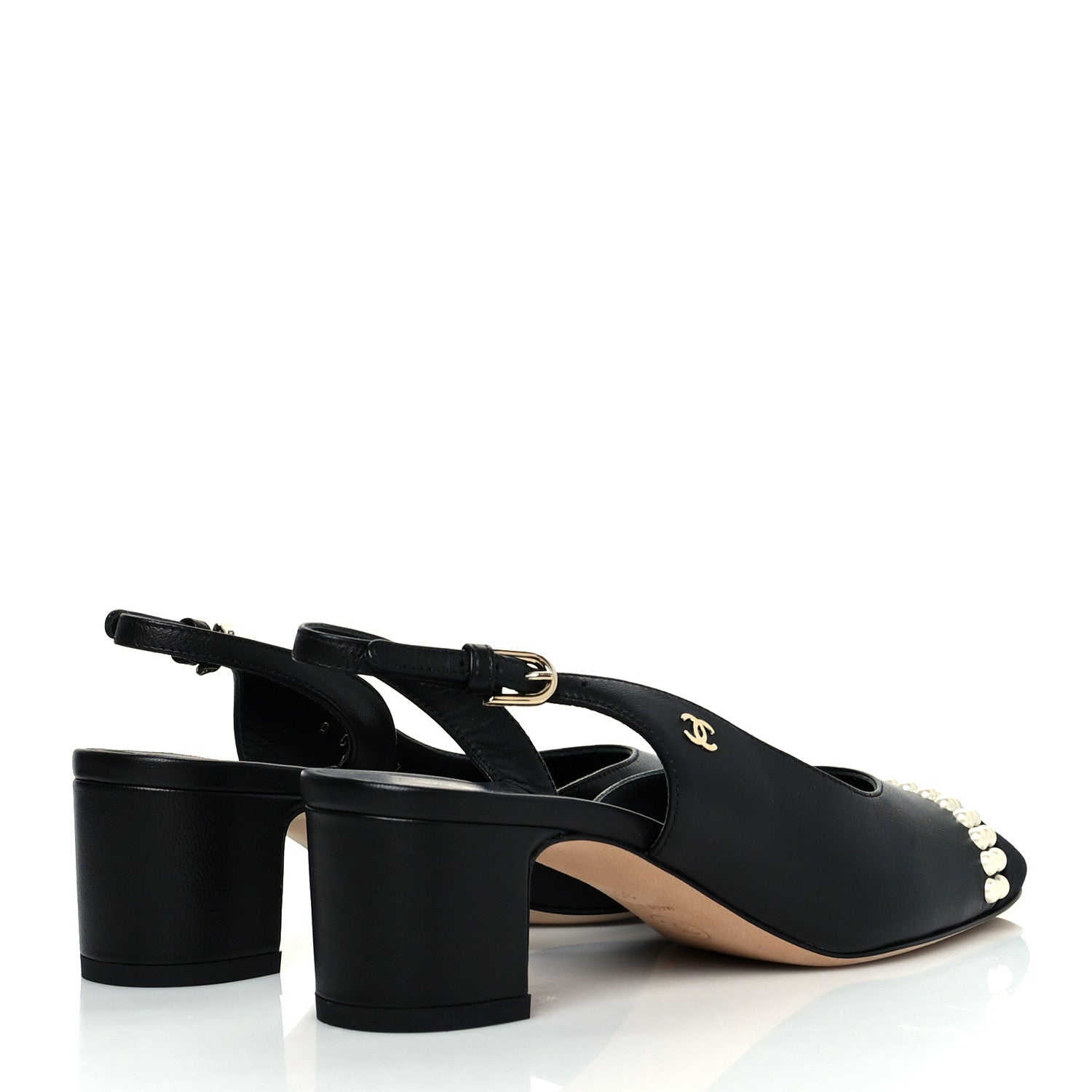 Chanel Lambskin Grosgrain Pearl Cap Toe CC Slingback Pumps 35.5 Black 4 of 9