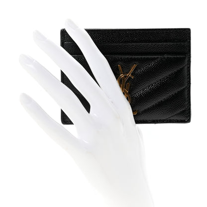 Saint Laurent Grain De Poudre Matelasse Chevron Monogram Credit Card Case Black 2 of 8