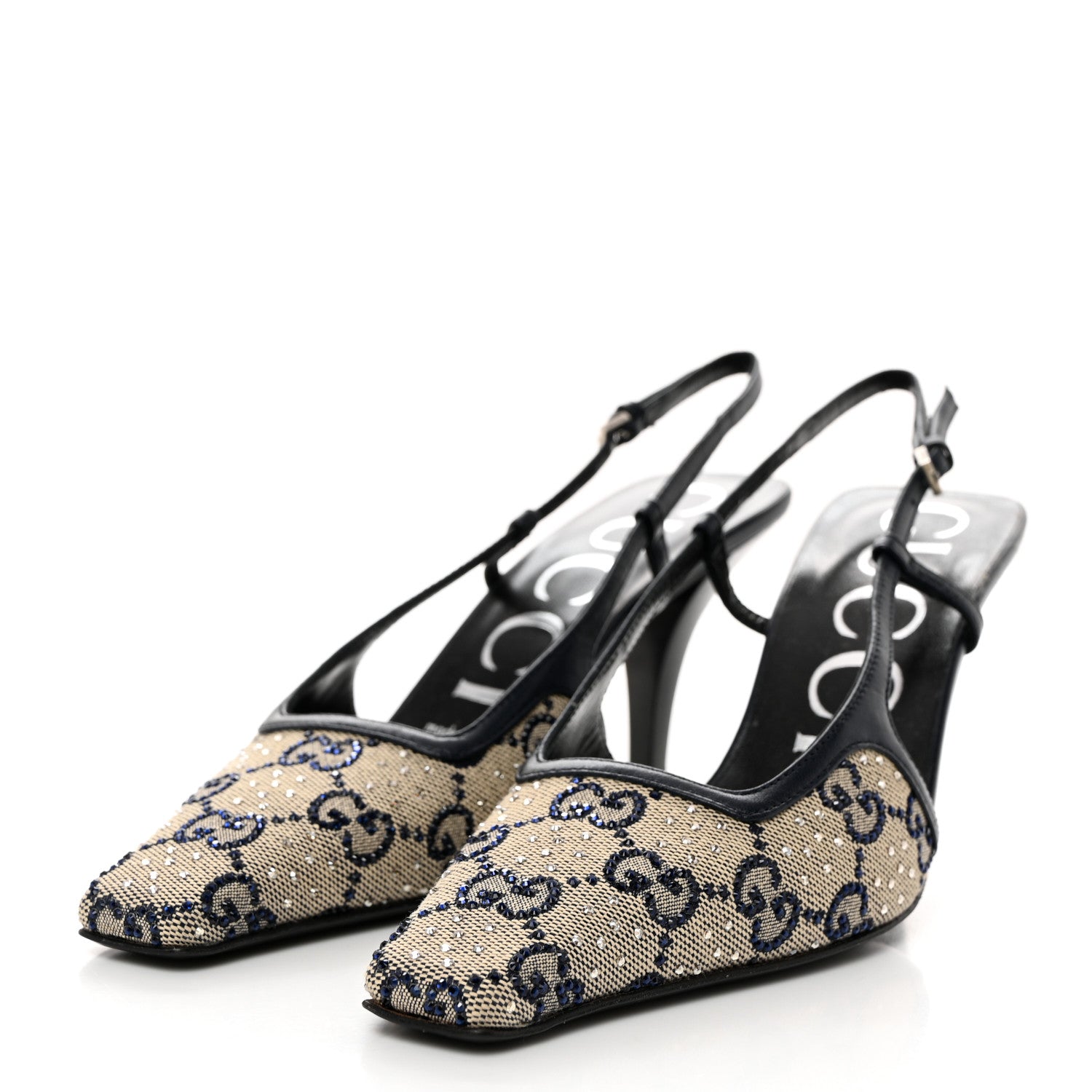 Gucci GG Monogram Malaga Kid Crystal Square G 75mm Slingback Pumps 35.5 Beige Blue 4 of 8
