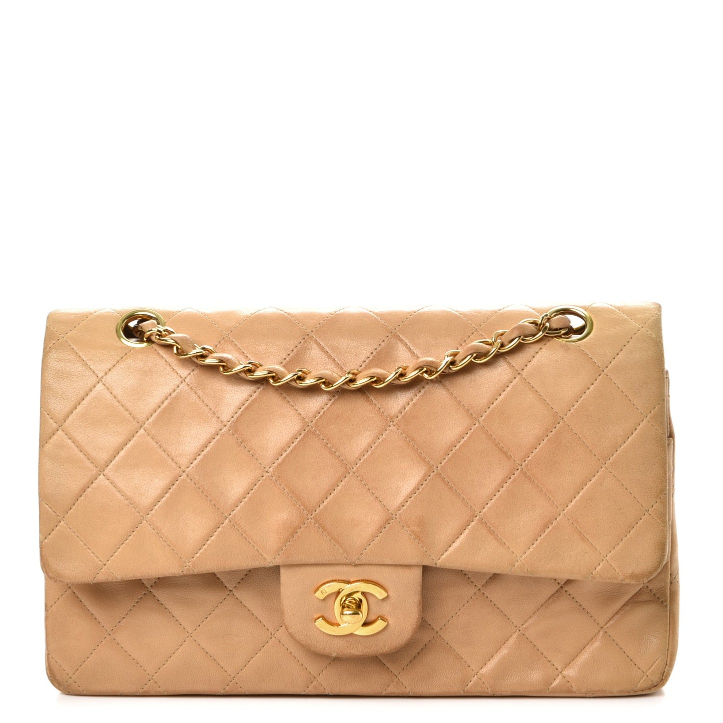 Lambskin Quilted Medium Double Flap Beige