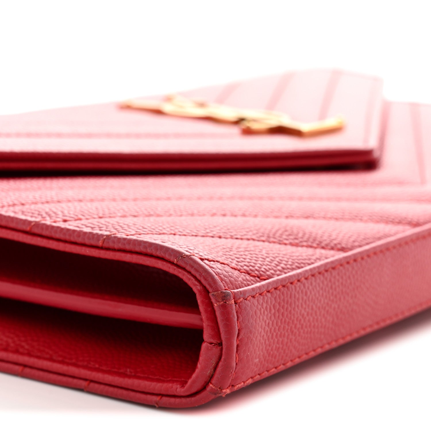 Saint Laurent Grain De Poudre Matelasse Chevron Monogram Chain Wallet New Red 9 of 12