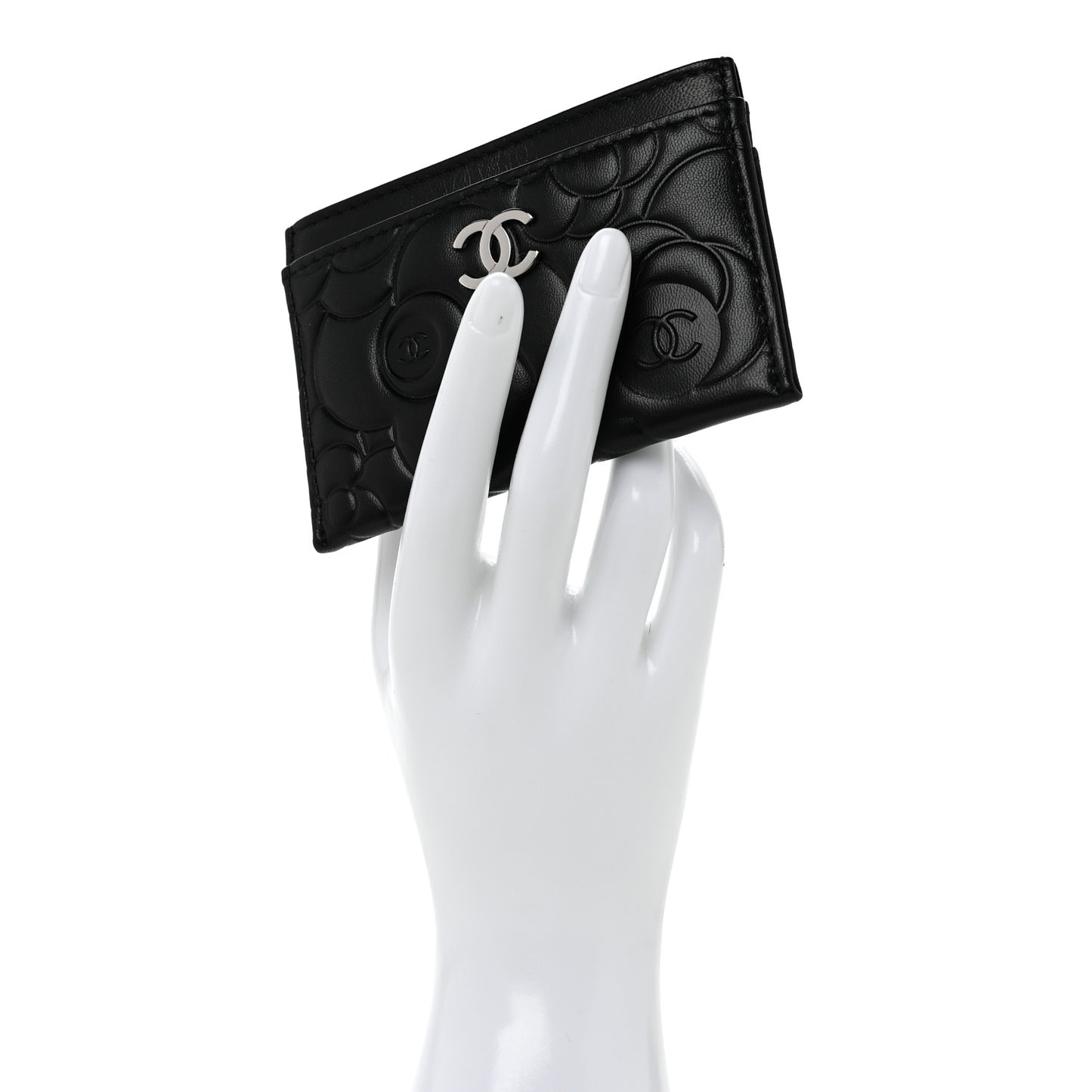 Lambskin Camellia Embossed Card Holder Black