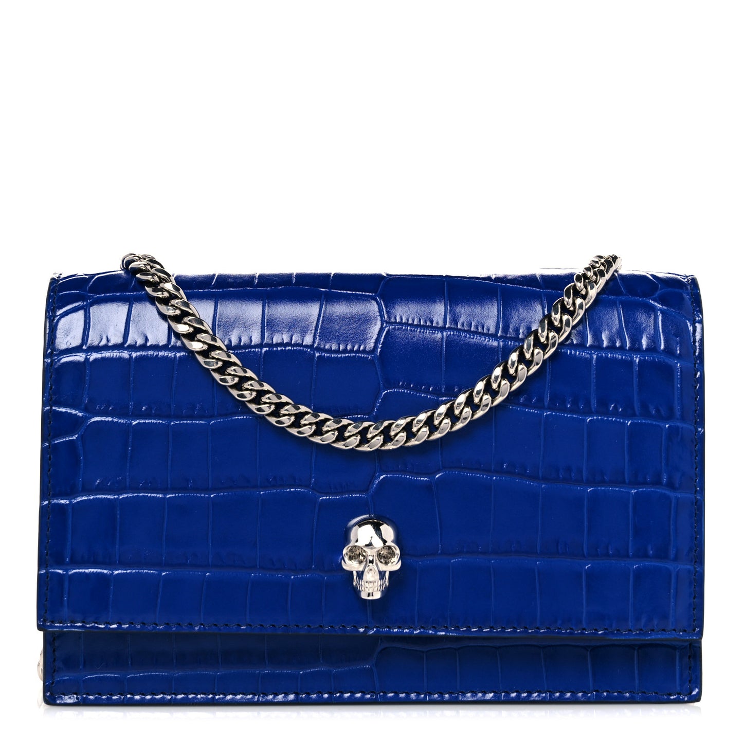 Calfskin Crocodile Embossed Skull Mini Crossbody Bag Deep Lapis Blue