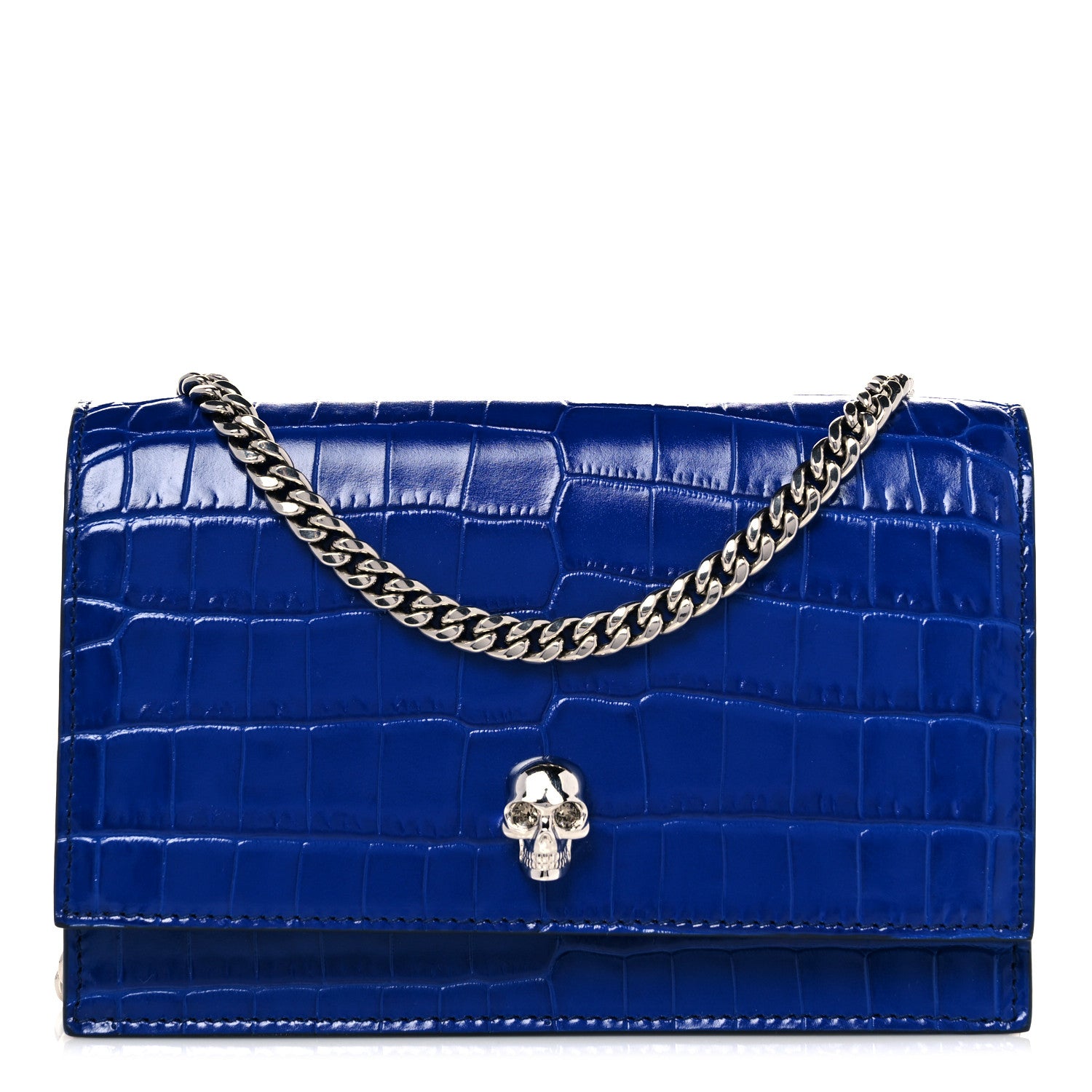 Alexander McQueen Calfskin Crocodile Embossed Skull Mini Crossbody Bag Deep Lapis Blue 1 of 9