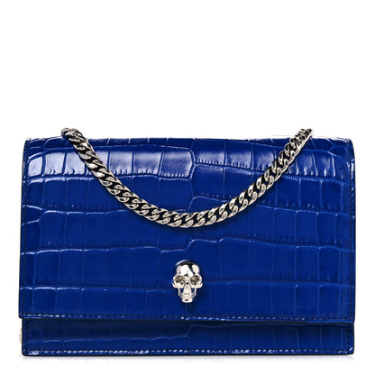 Alexander McQueen Calfskin Crocodile Embossed Skull Mini Crossbody Bag Deep Lapis Blue 1 of 9
