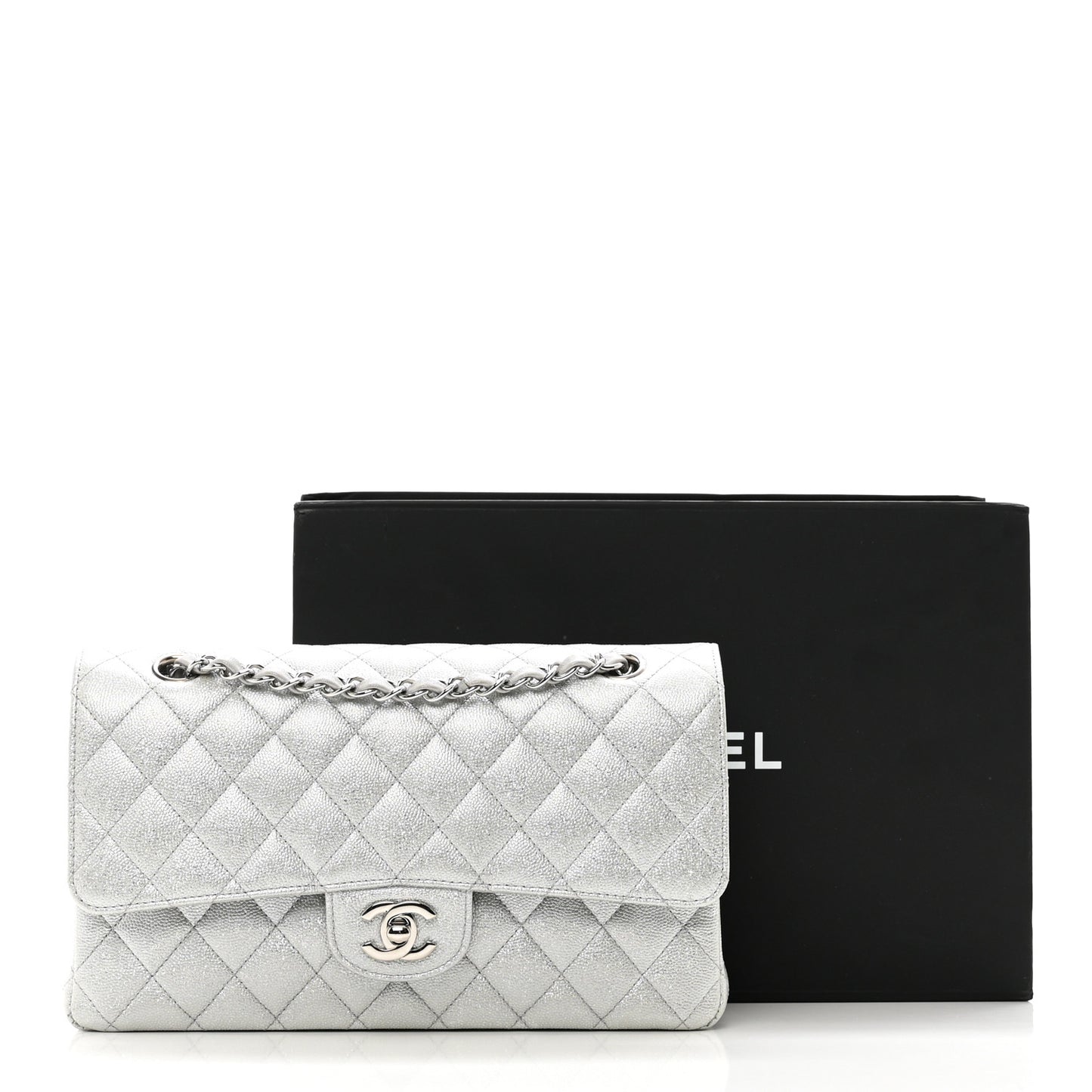 Glittered Metallic Caviar Quilted Medium Double Flap Silver