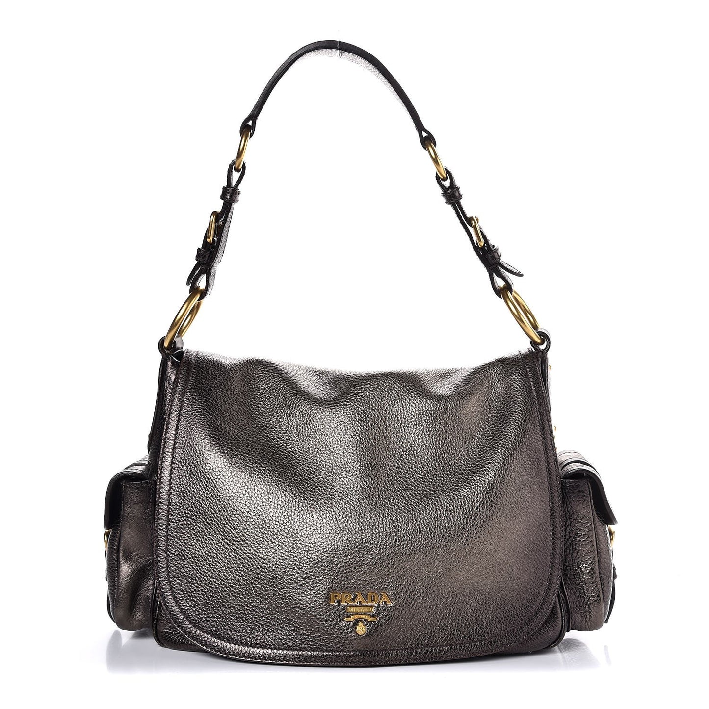 Metallic Vitello Daino Shoulder Flap Bag Piombo